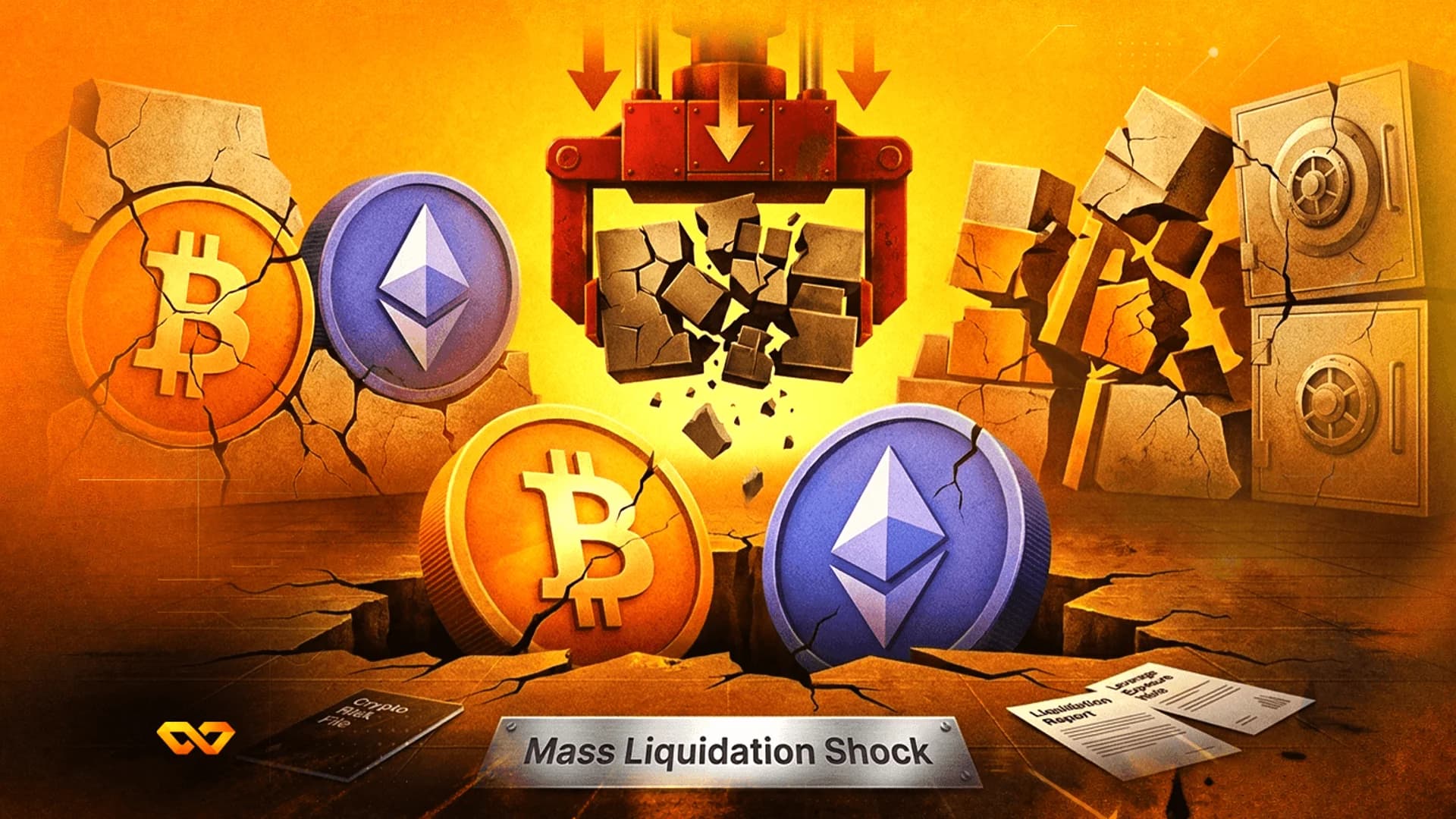 Illustration of Bitcoin and Ethereum coins near a mechanical crusher and cracked walls with a liquidation sign.