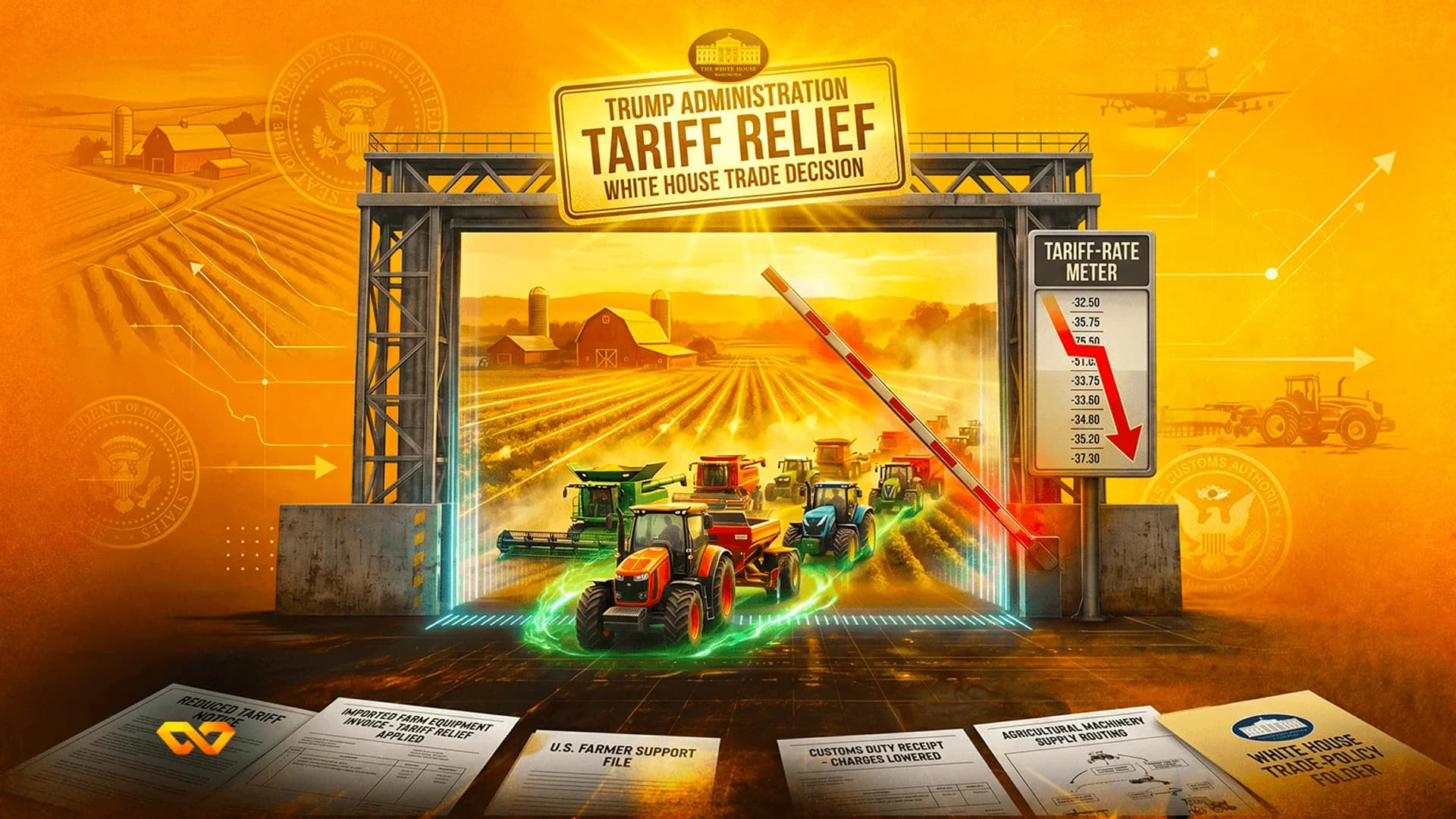 Digital illustration of tractors driving through a gate under a sign for Trump administration tariff relief.