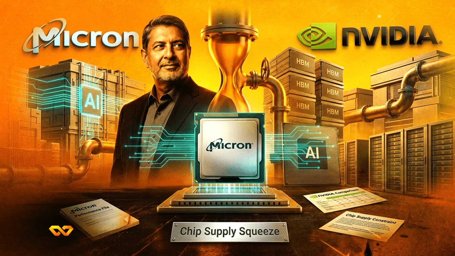 Digital illustration of a man, Micron and NVIDIA logos, computer chips, and server racks in an orange-toned setting.