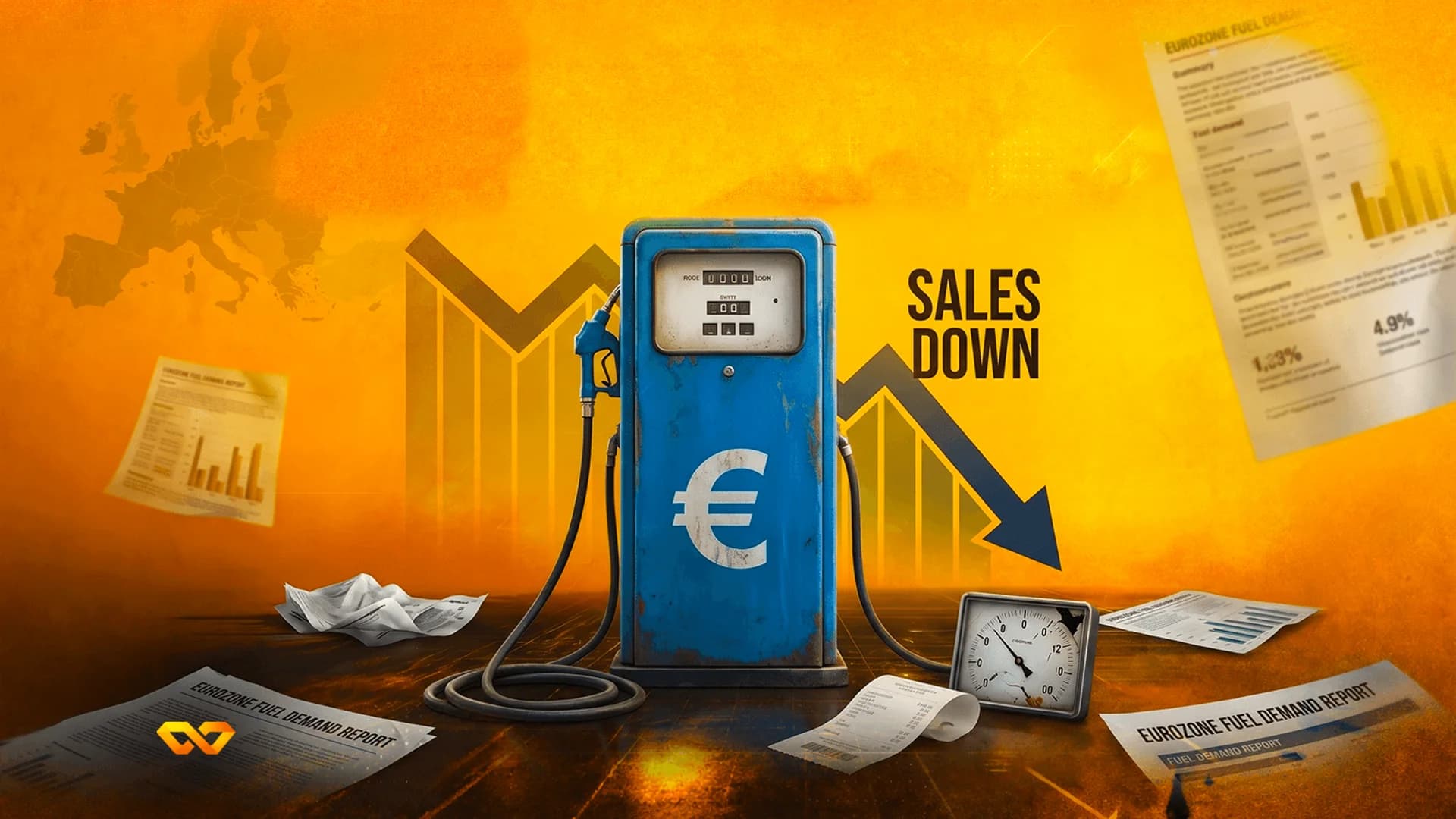 Blue gas pump with a Euro symbol, a downward arrow chart, and scattered fuel demand reports on an orange background.