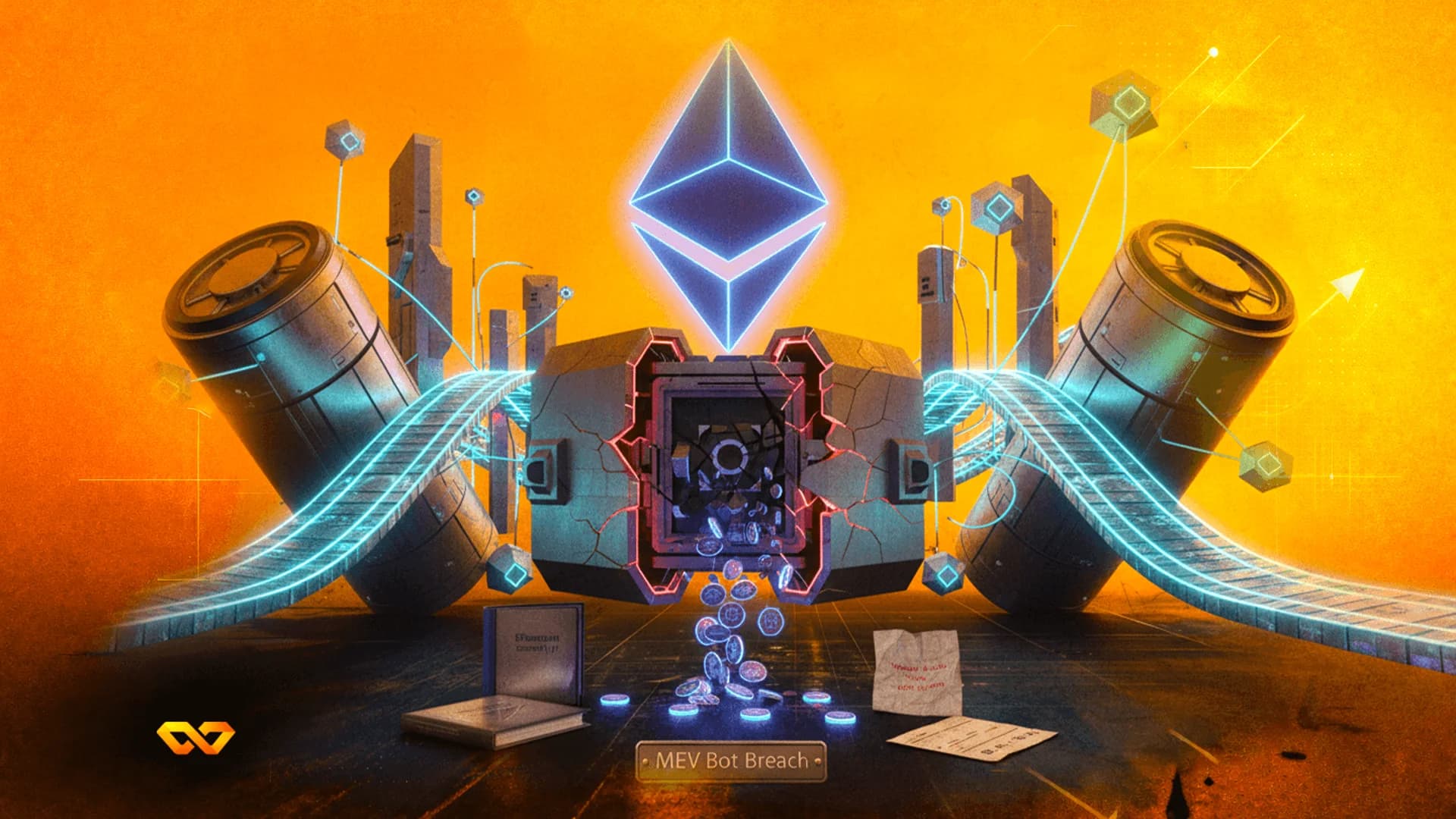A glowing blue Ethereum logo floats above a cracked metal safe spilling coins on a dark surface with orange background.