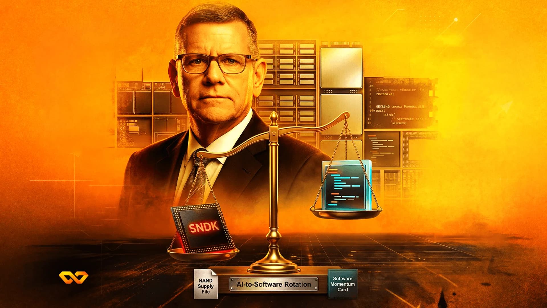 Man in a suit behind a golden scale balancing a computer chip labeled SNDK and a screen with software code.