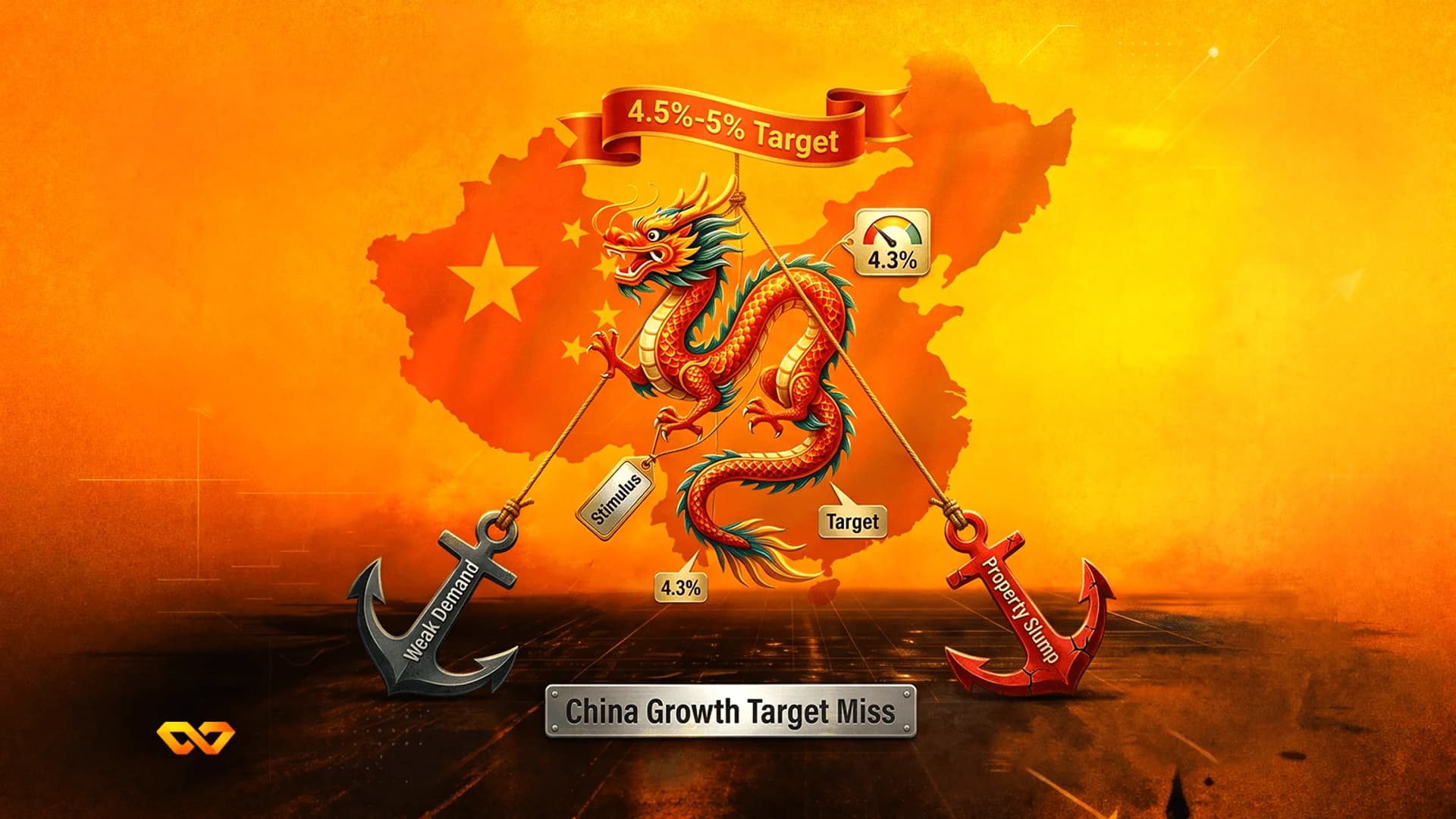 A red dragon pulled down by anchors labeled Weak Demand and Property Slump against an orange map of China.
