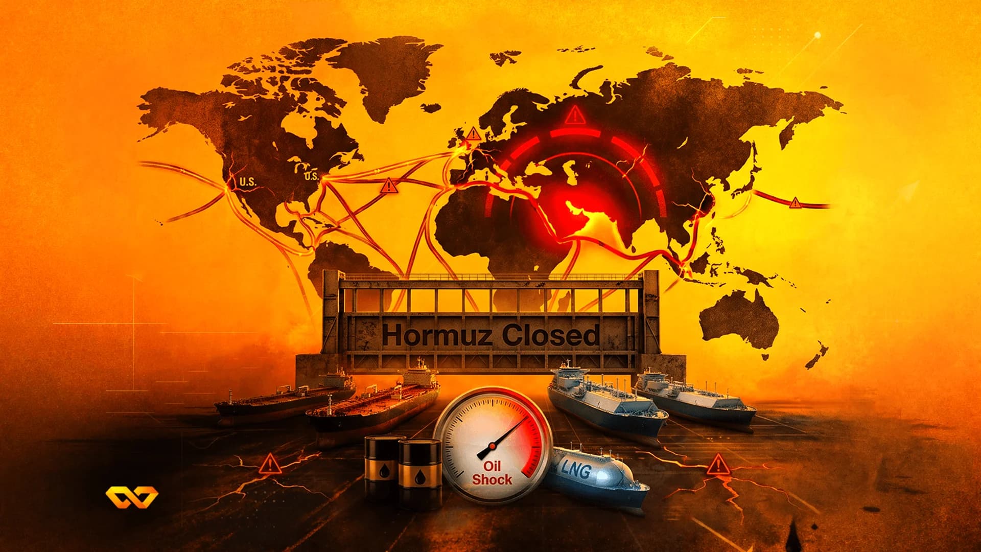 خريطة عالم بخطوط حمراء، بوابة مكتوب عليها 'Hormuz Closed'، ناقلات نفط، براميل، ومقياس ضغط 'Oil Shock'.