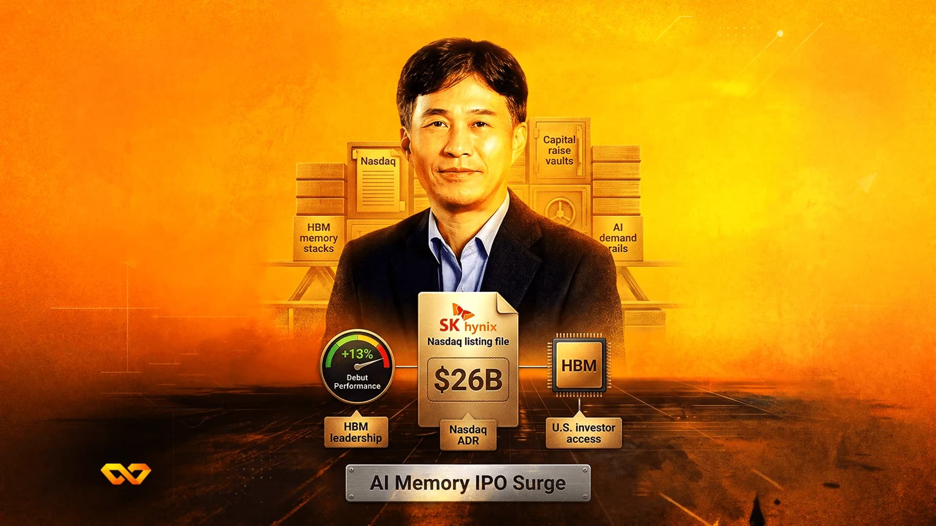 صورة لرجل تتوسط رسومات مالية، ووثيقة لشركة SK hynix، ولوحة مكتوب عليها 'AI Memory IPO Surge'.
