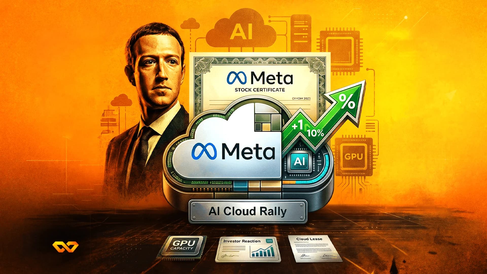 Illustration of Mark Zuckerberg with a Meta stock certificate, a cloud logo, and a rising green arrow.