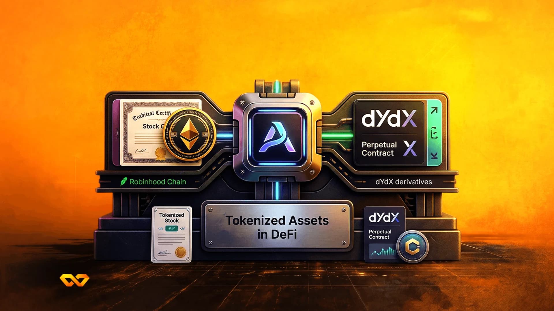 Futuristic machine displaying Ethereum, Robinhood, and dYdX logos with labels for tokenized assets in DeFi.