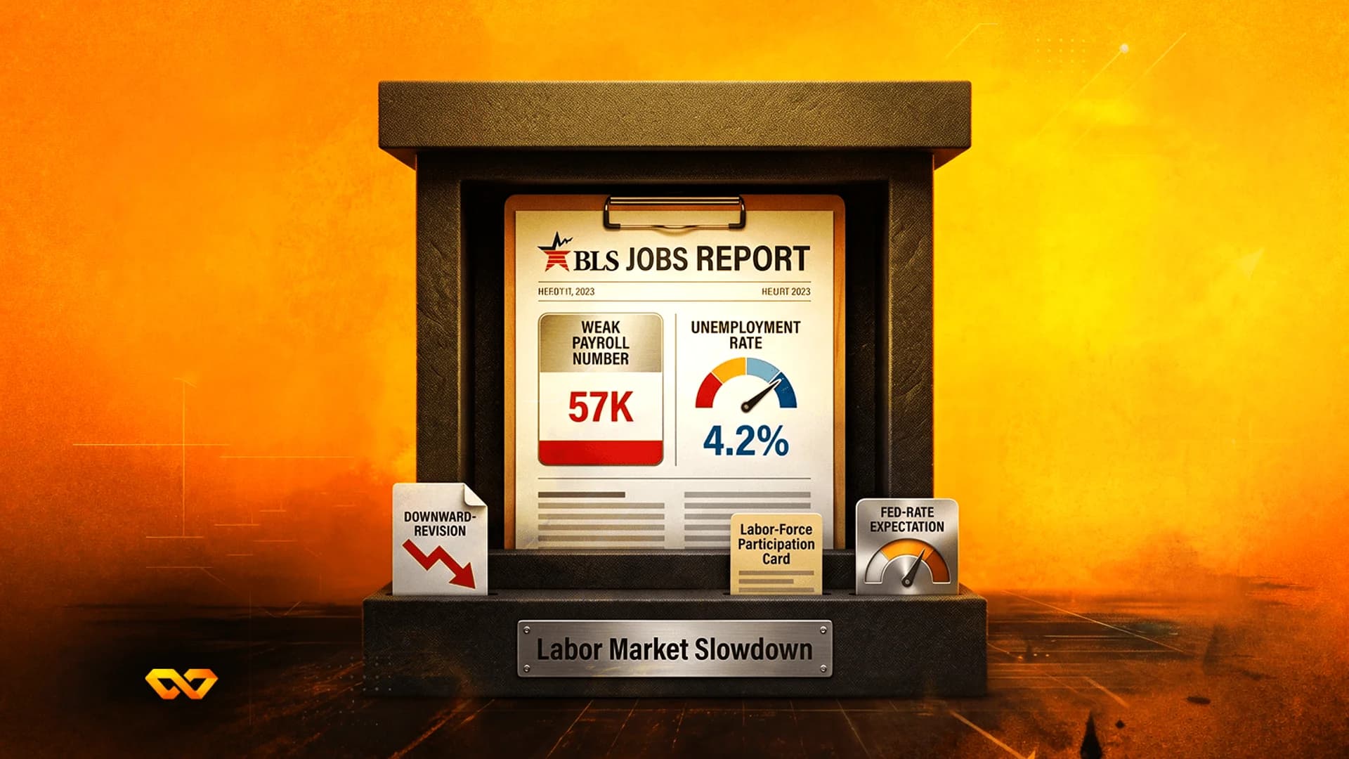 Illustration of a BLS Jobs Report display showing 57K payrolls and 4.2% unemployment on an orange background.