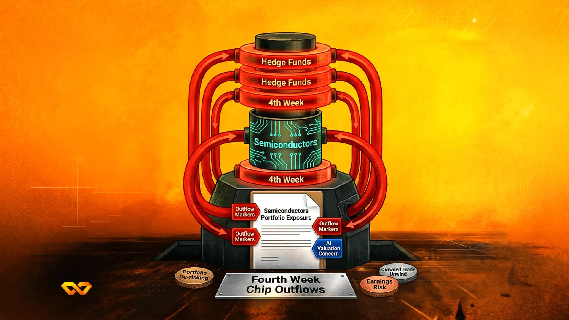 Illustration of a futuristic machine with glowing red pipes, labeled with financial terms like semiconductors and hedge funds.