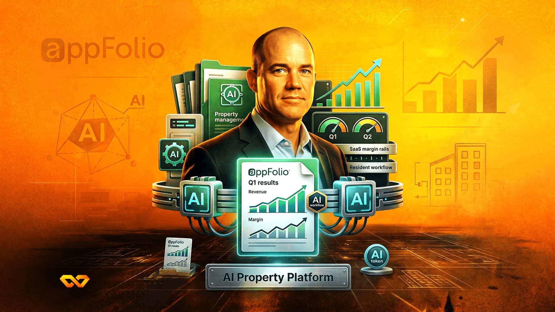 Digital illustration of a man surrounded by AppFolio branding, financial charts, and AI icons on an orange background.