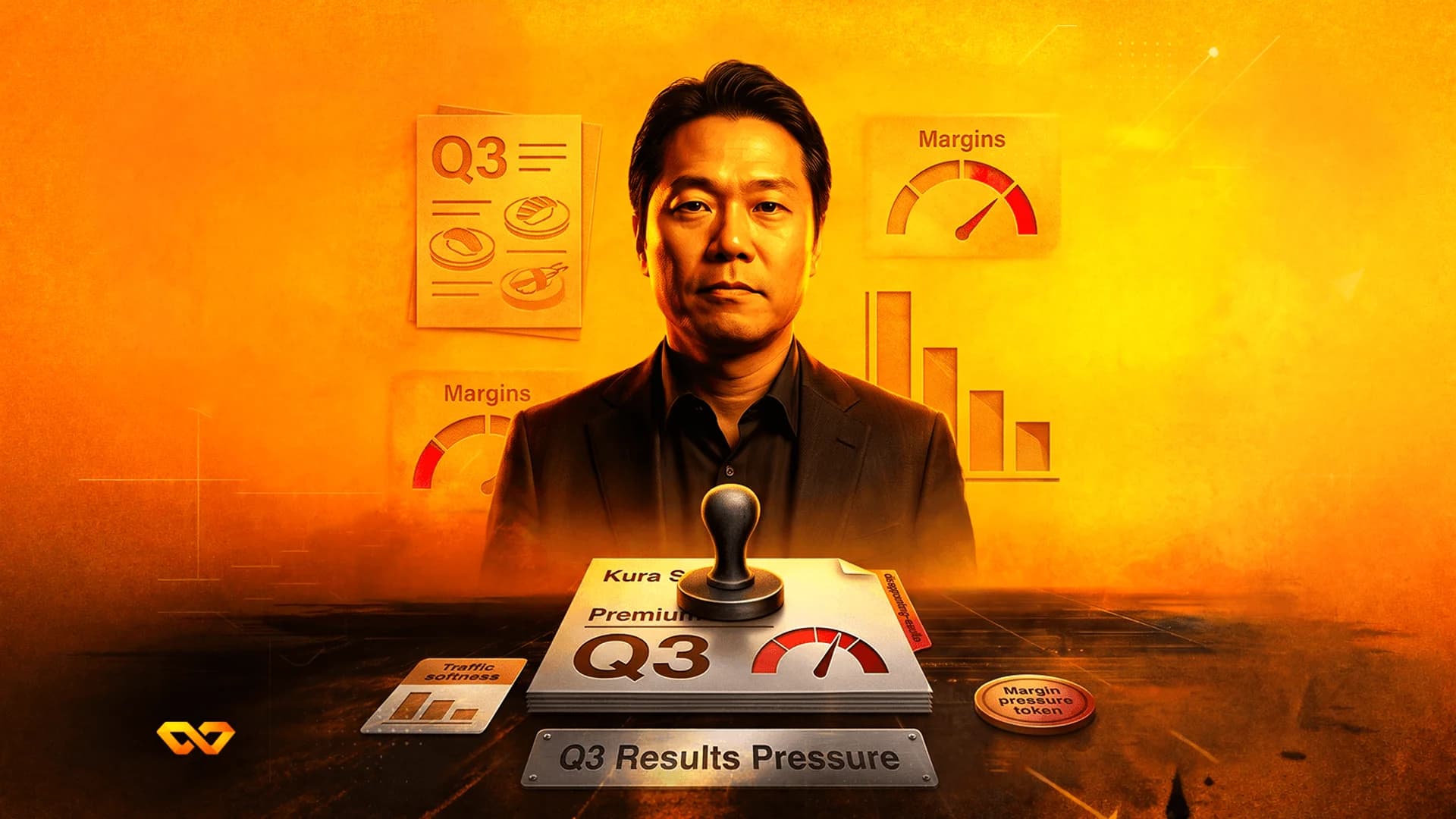 A man in a suit stands behind a desk with Q3 earnings documents, margin gauges, and a stamp in an orange-toned scene.
