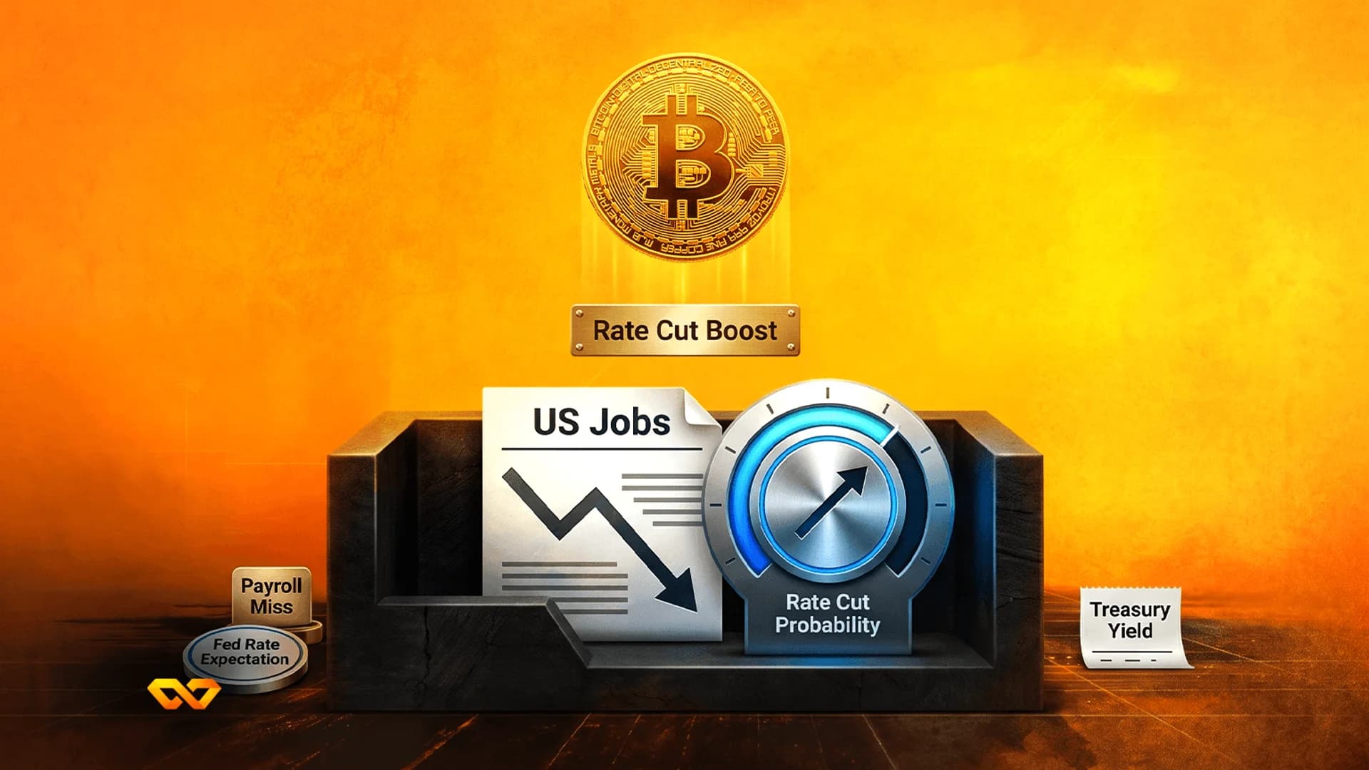 Bitcoin coin above a sign reading 'Rate Cut Boost', next to a US Jobs chart and a Rate Cut Probability dial.