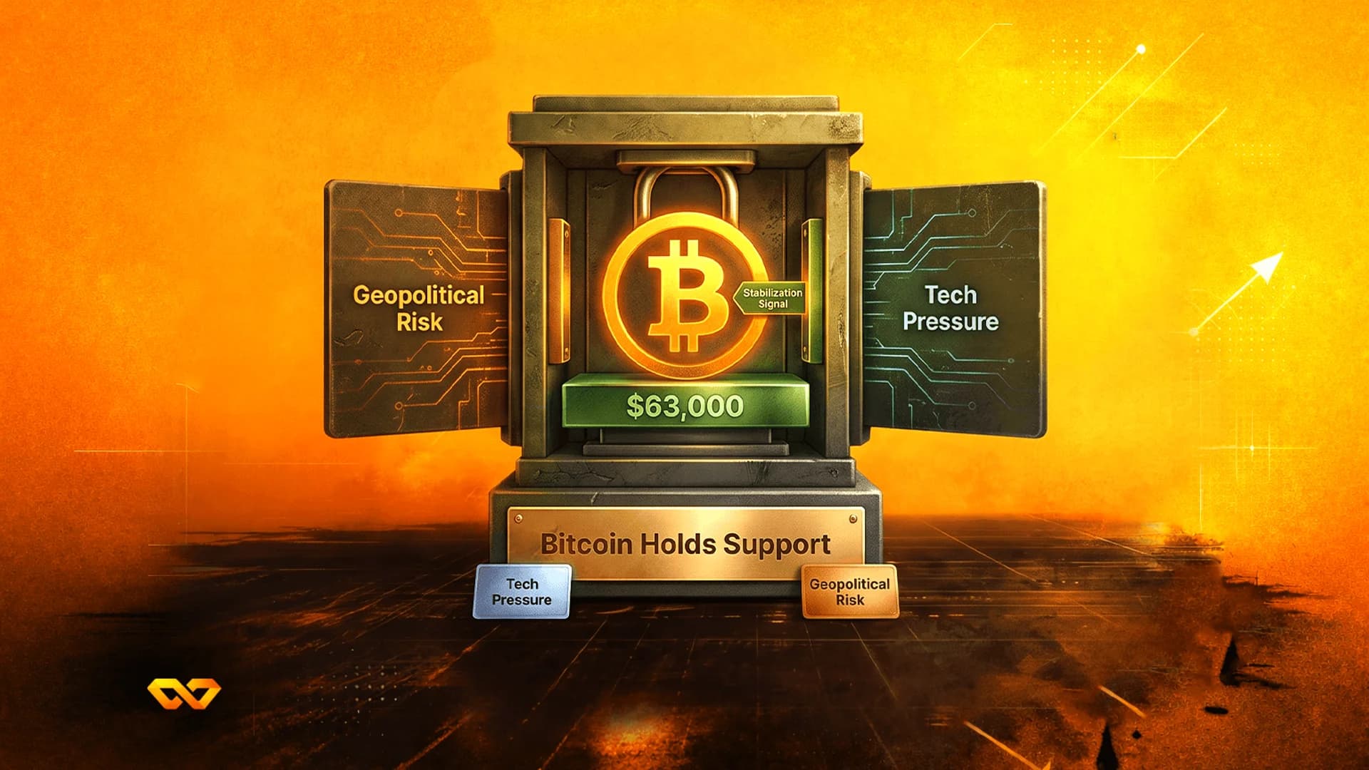 A glowing Bitcoin logo inside an open vault with labels for geopolitical risk, tech pressure, and a $63,000 price.