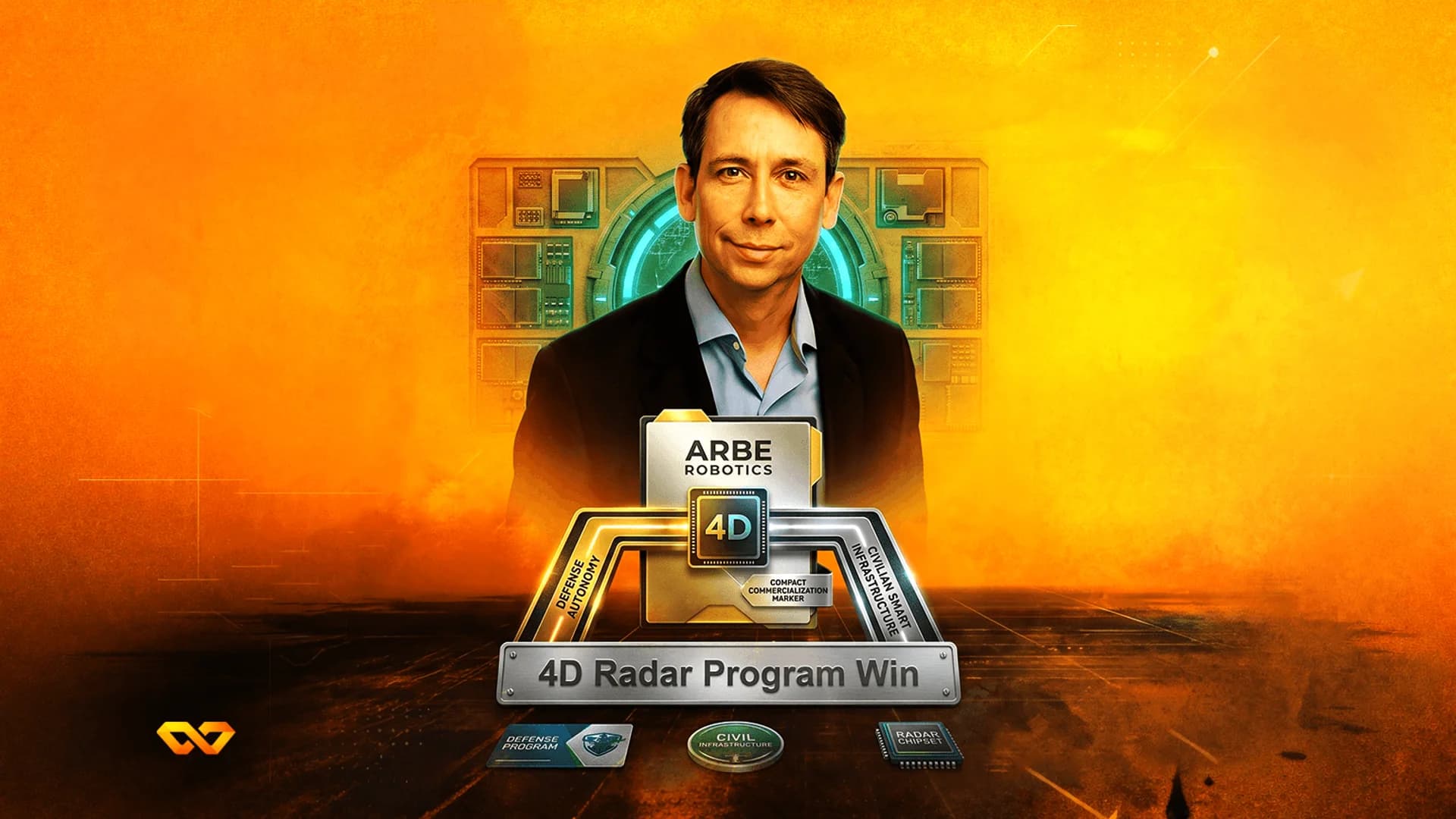 صورة لرجل فوق رسم بياني لبرنامج رادار 4D من شركة Arbe Robotics على خلفية برتقالية.