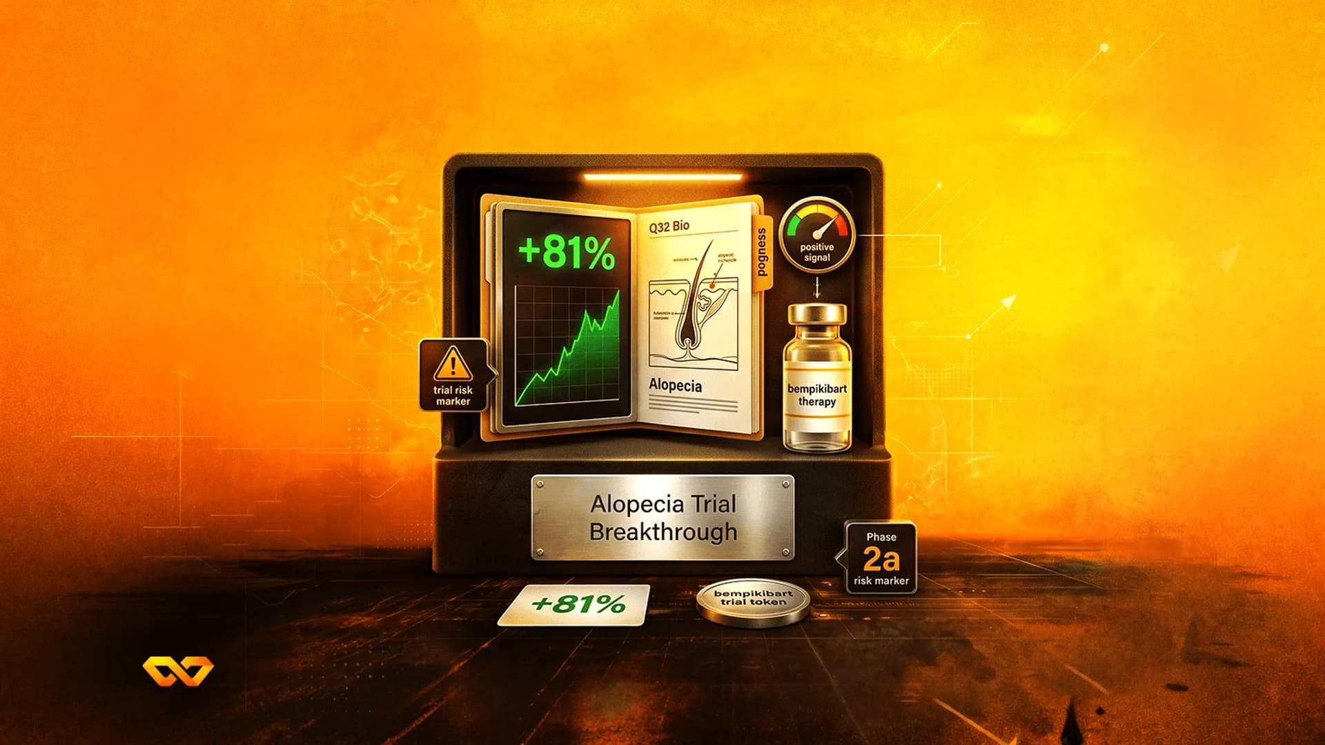 3D illustration of a medical trial display with a vial, a chart showing +81% growth, and alopecia diagrams.