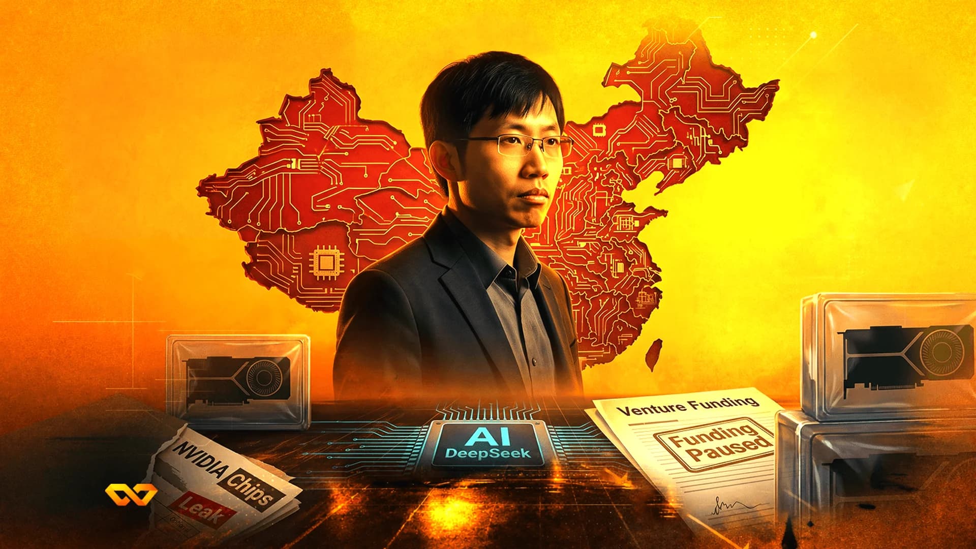 Illustration of a man before a circuit-patterned map of China, with DeepSeek AI chip and NVIDIA hardware.