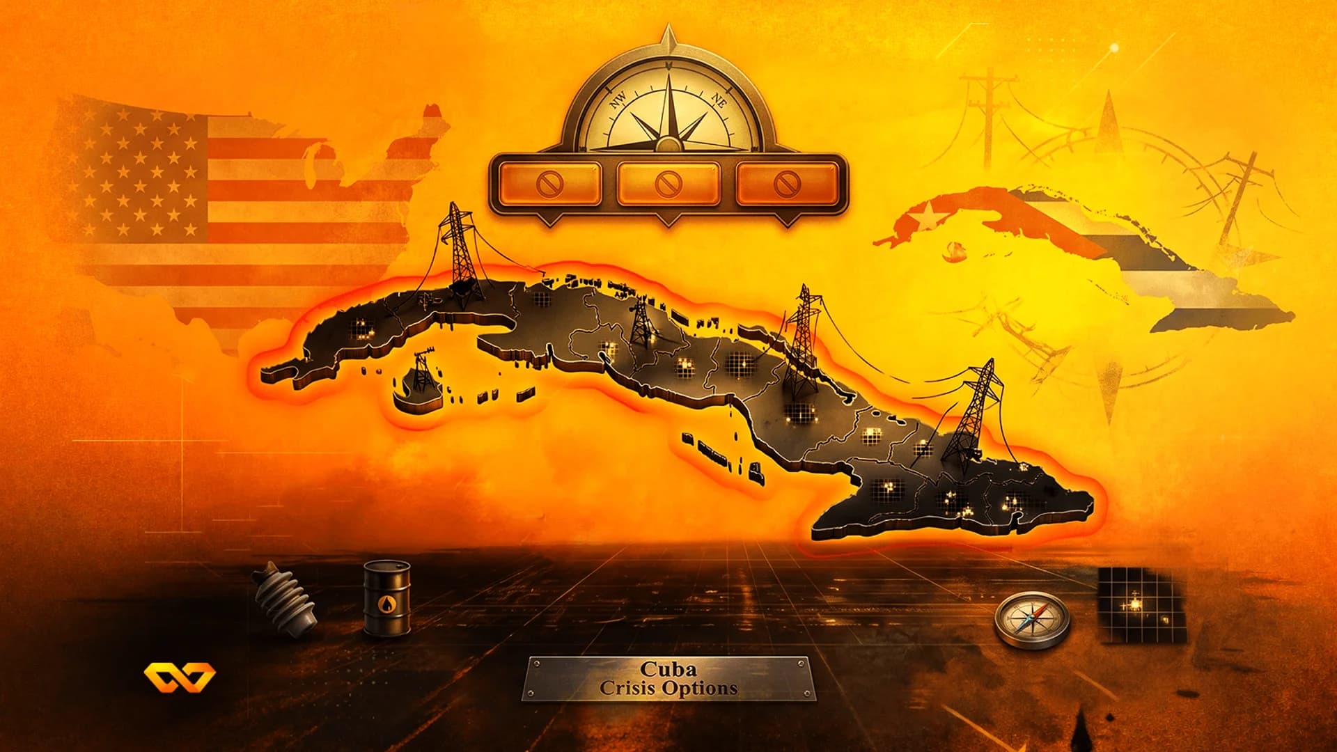 Stylized map of Cuba with power lines and glowing nodes on an orange background with US and Cuban flags.