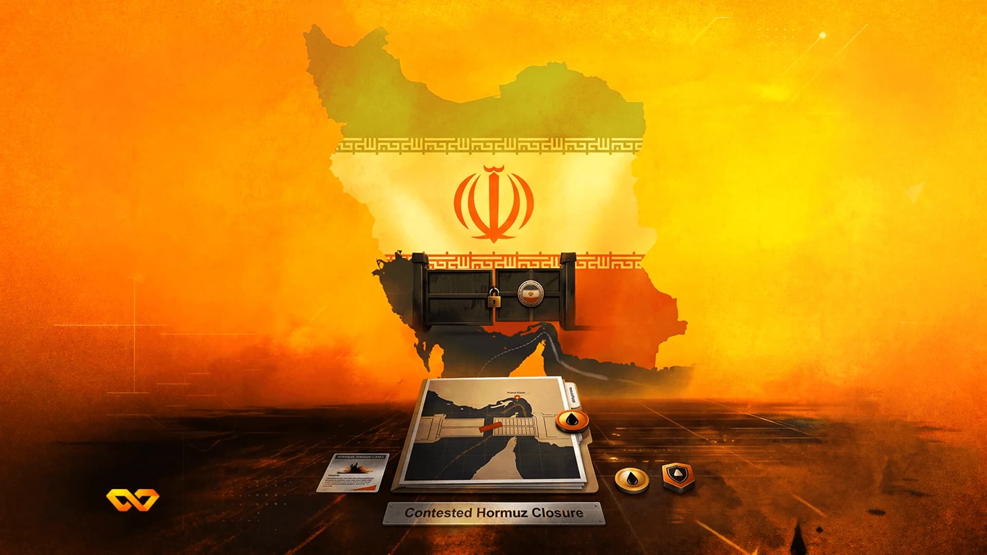 خريطة لإيران مع تراكب العلم وبوابة مغلقة فوق مضيق هرمز، مع أيقونات قطرات النفط في الأسفل.