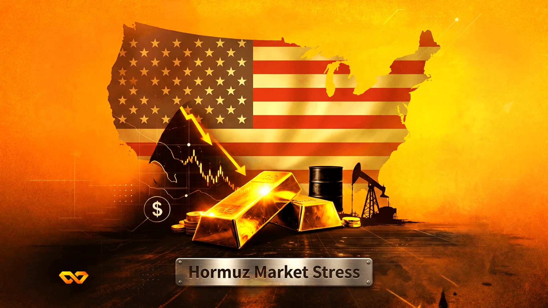 US map with flag, gold bars, oil barrel, oil derrick, and a downward chart on an orange background.
