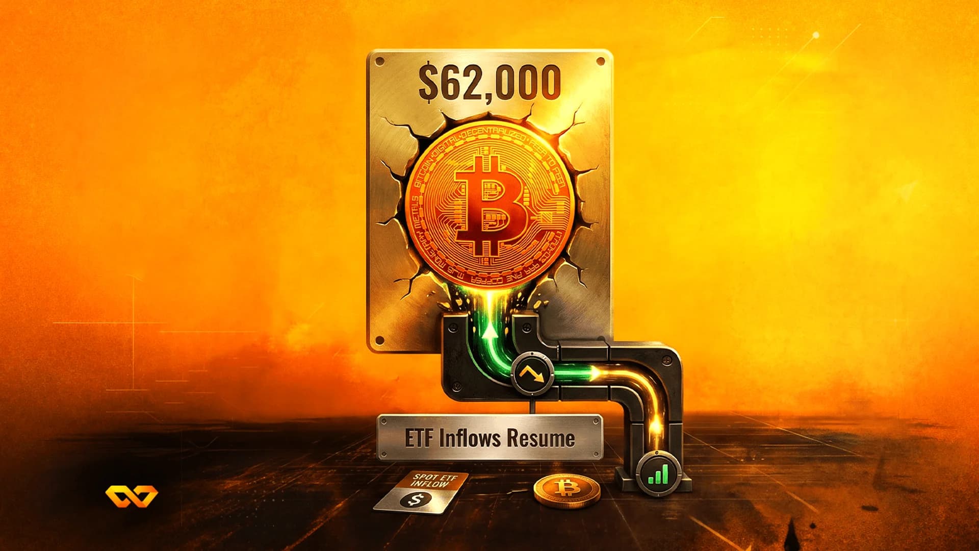 عملة بيتكوين ذهبية تخترق صفيحة معدنية عليها رقم 62,000 دولار ونظام أنابيب يحمل لافتة استئناف تدفقات صناديق الاستثمار.