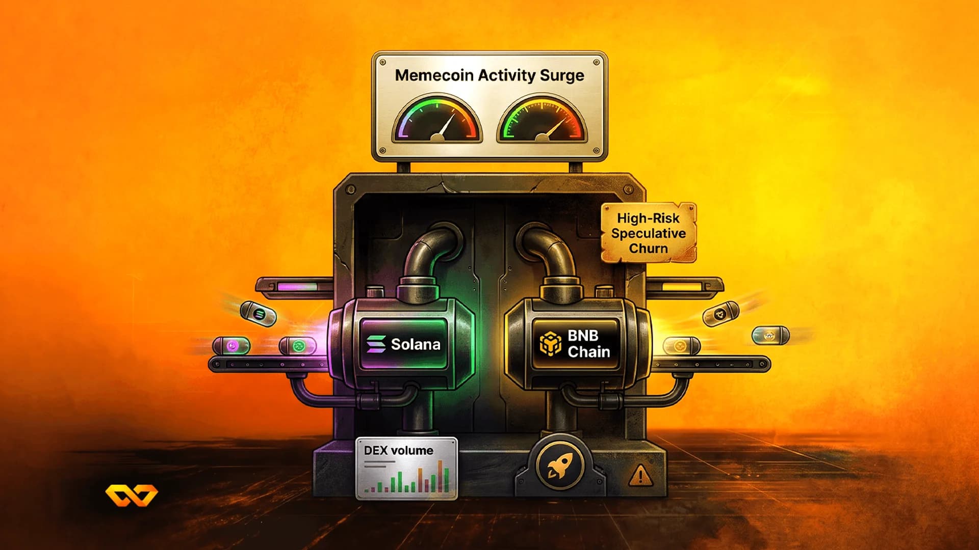 Industrial machine labeled Solana and BNB Chain with memecoin activity gauges and capsules on conveyor belts.