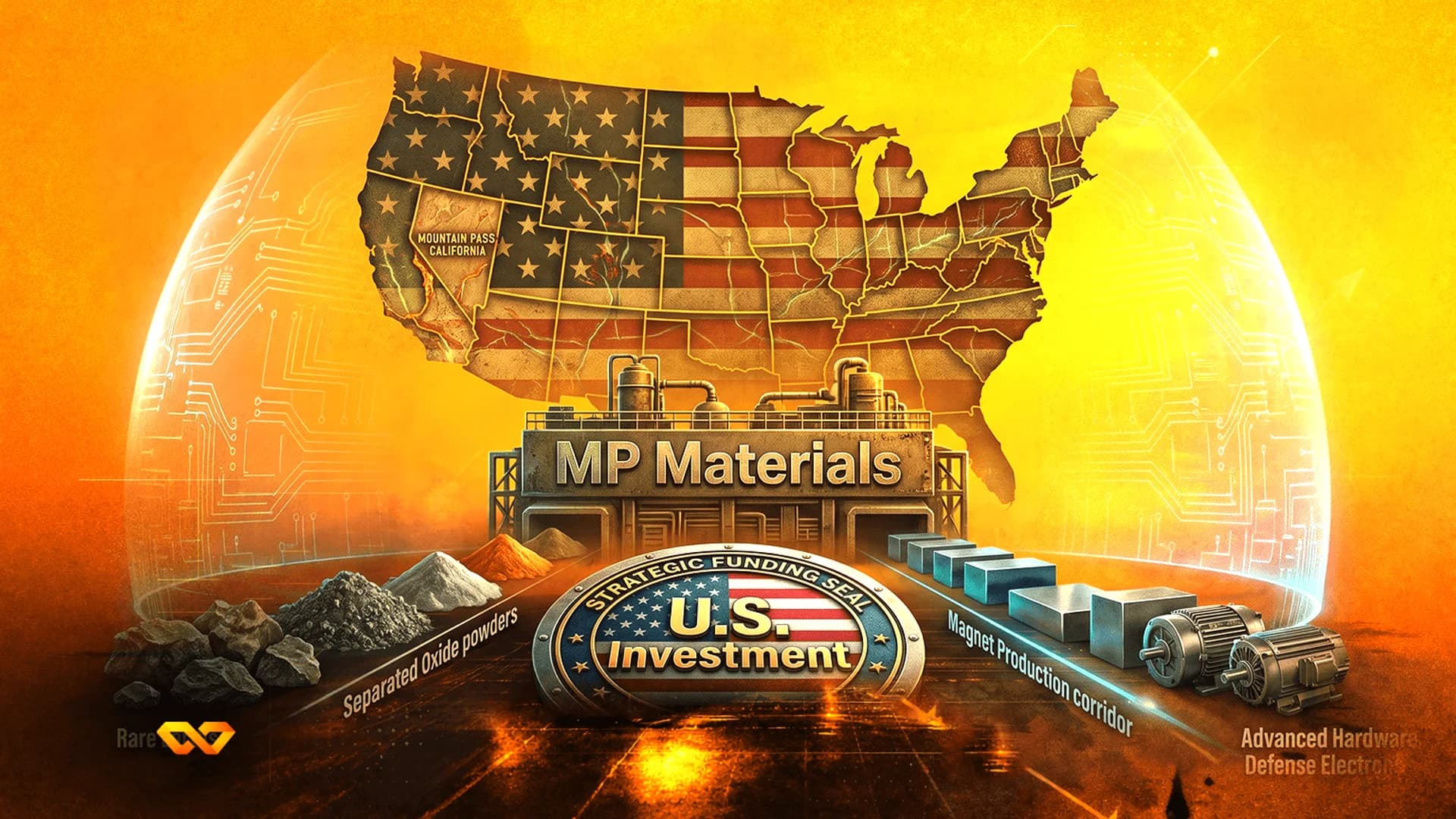 رسم توضيحي لمصنع MP Materials مع خريطة بعلم الولايات المتحدة، ومساحيق خام، وختم استثمار أمريكي.