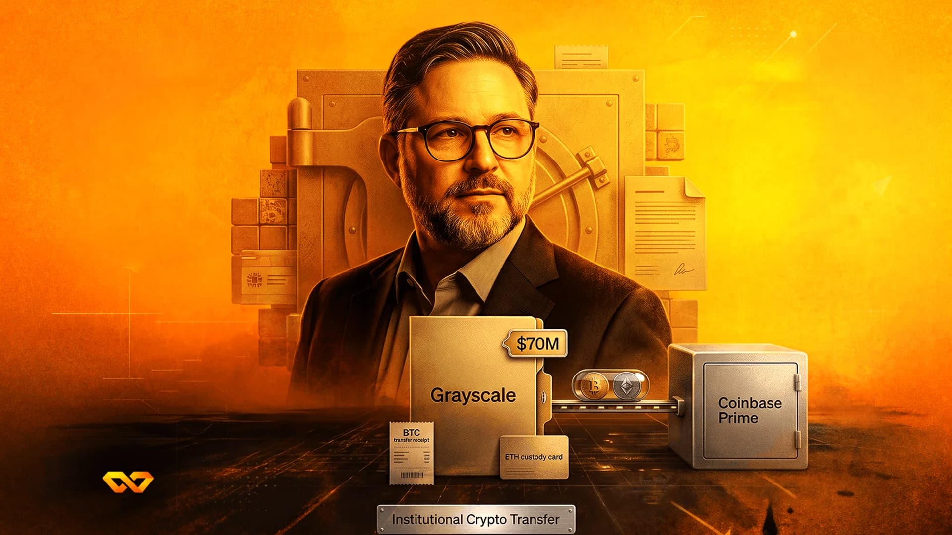 Illustration of a man before a vault with Grayscale and Coinbase Prime labels, featuring Bitcoin and Ethereum coins.