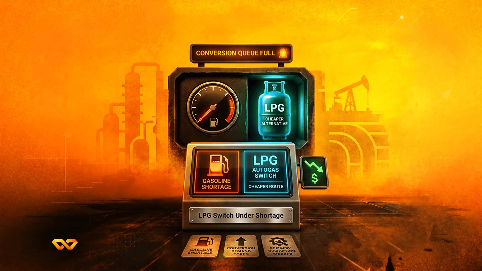 Industrial panel with an LPG tank, fuel gauge, and refinery silhouettes in a hazy orange and yellow atmosphere.