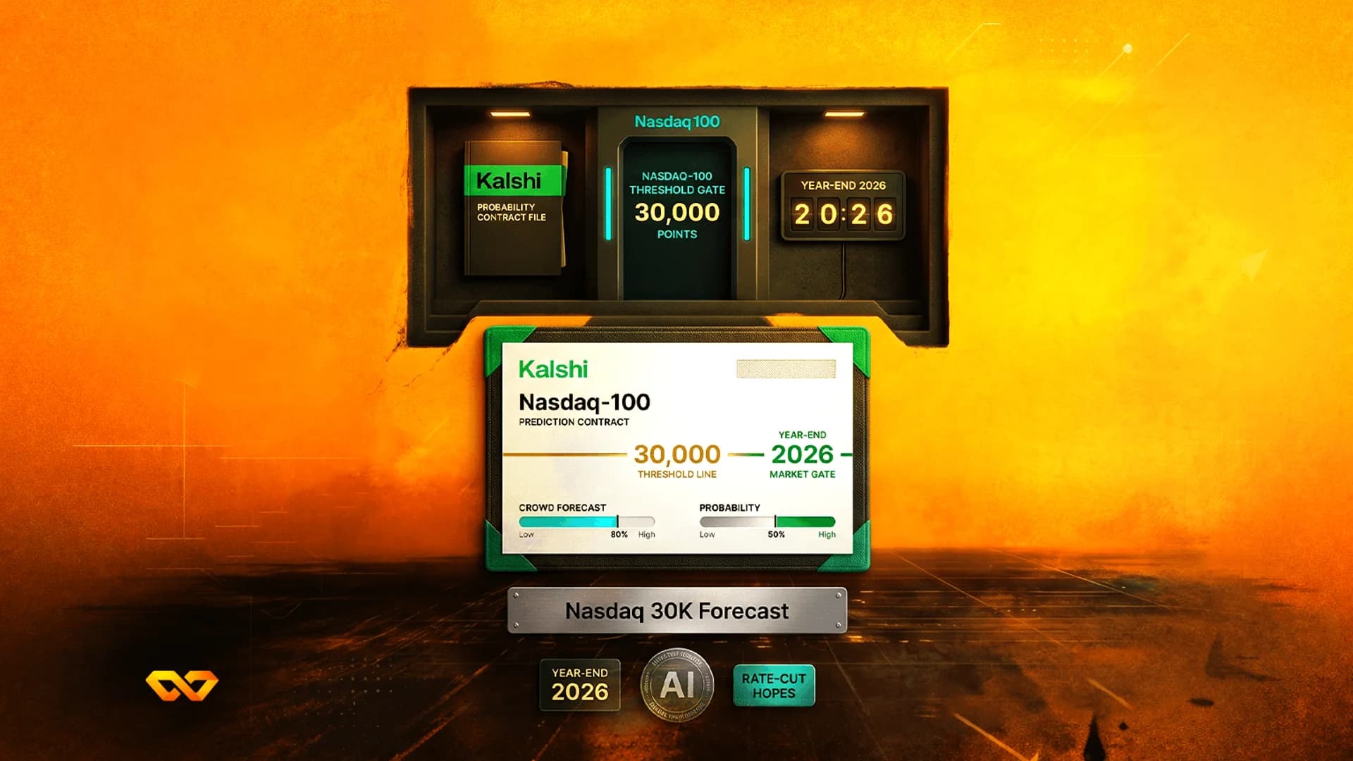 Digital illustration of a Nasdaq-100 prediction contract on Kalshi with a 30,000 point threshold for year-end 2026.