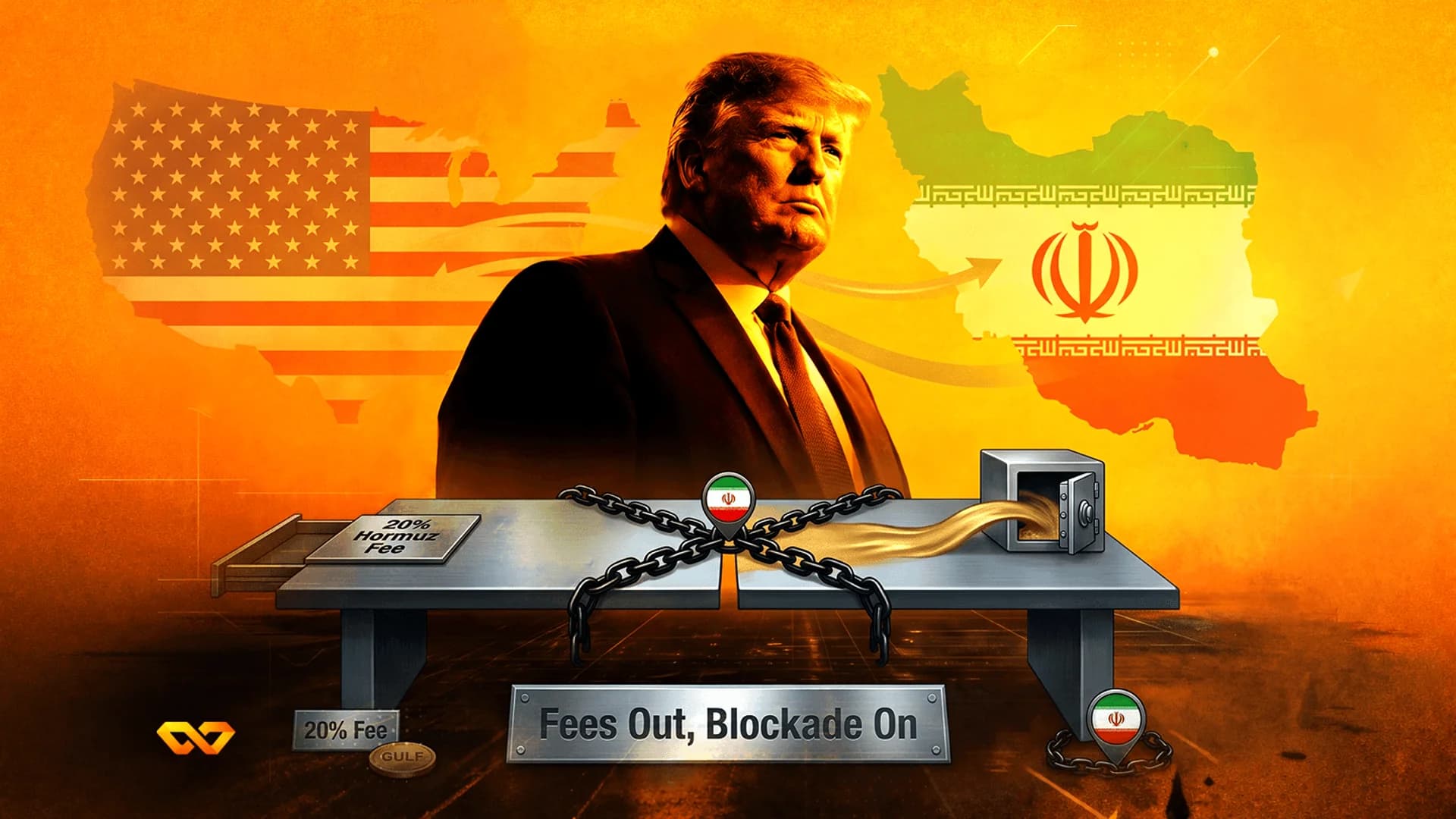 Illustration of Donald Trump between US and Iran maps, with a chained table and a safe spilling gold.