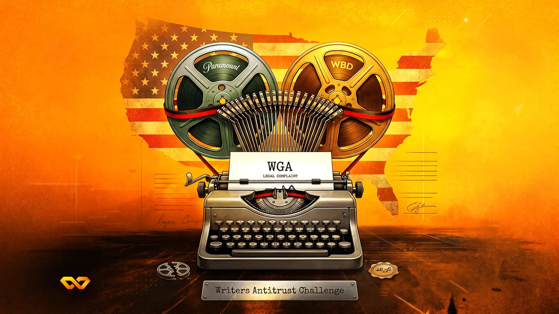 آلة كاتبة عليها شكوى قانونية لـ WGA، بكرات أفلام باراماونت وWBD، وخلفية لخريطة الولايات المتحدة بعلمها.