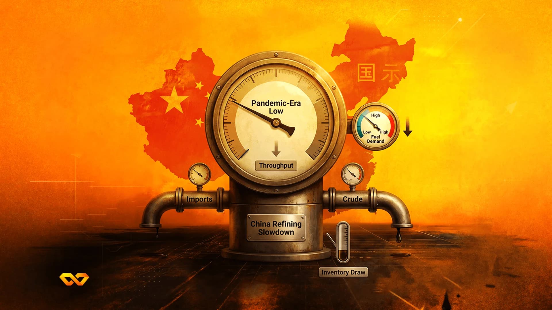 Industrial gauges and pipes against a map of China, with text indicating a refining slowdown.