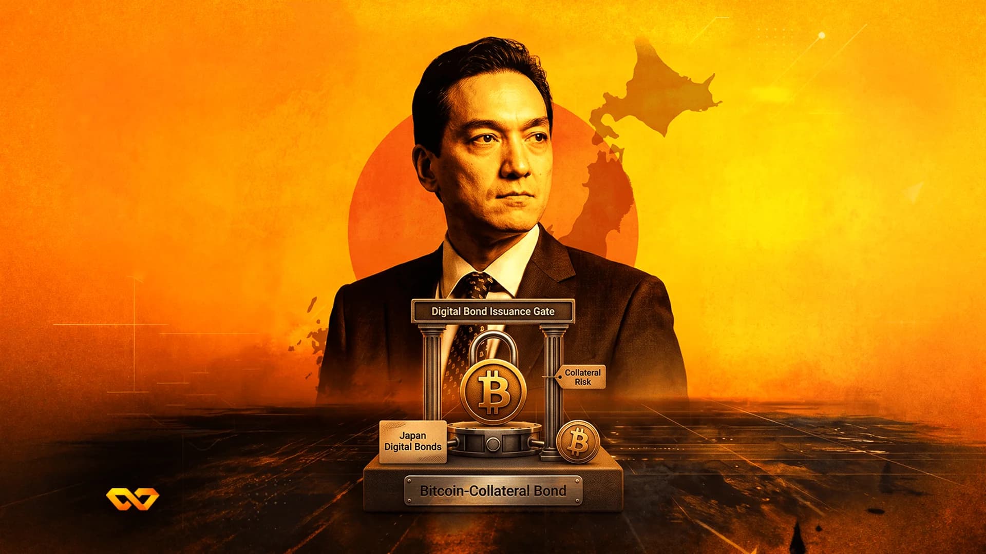 Portrait of a man in a suit behind a miniature gate labeled 'Bitcoin-Collateral Bond' with a Bitcoin logo.