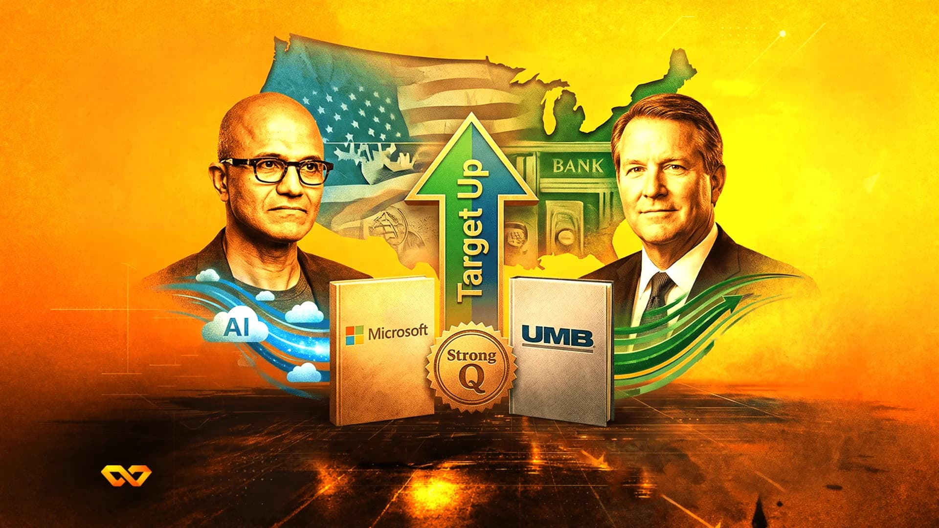 Portraits of Satya Nadella and Mariner Kemper with Microsoft and UMB logos, an upward arrow, and AI icons.