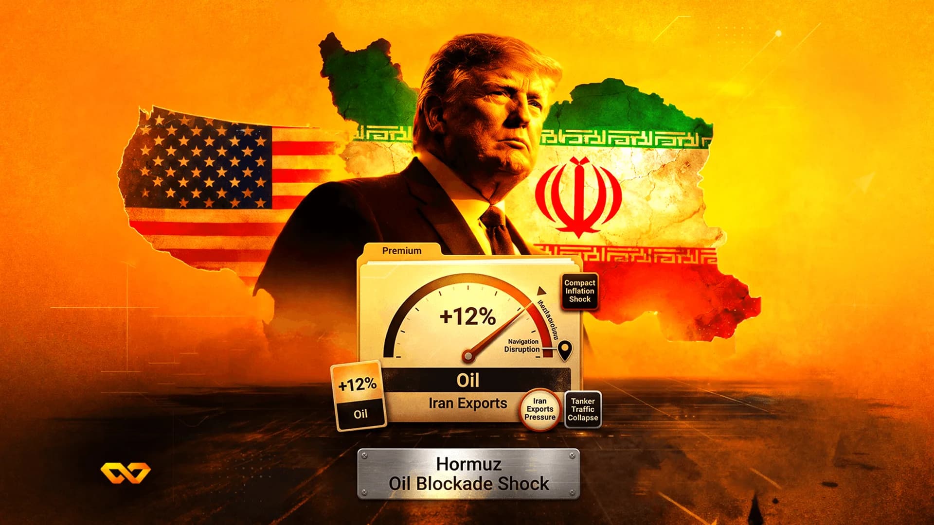 صورة لدونالد ترامب فوق خريطة لإيران وعلم الولايات المتحدة، مع مقياس لسعر النفط يظهر زيادة بنسبة 12 بالمائة.