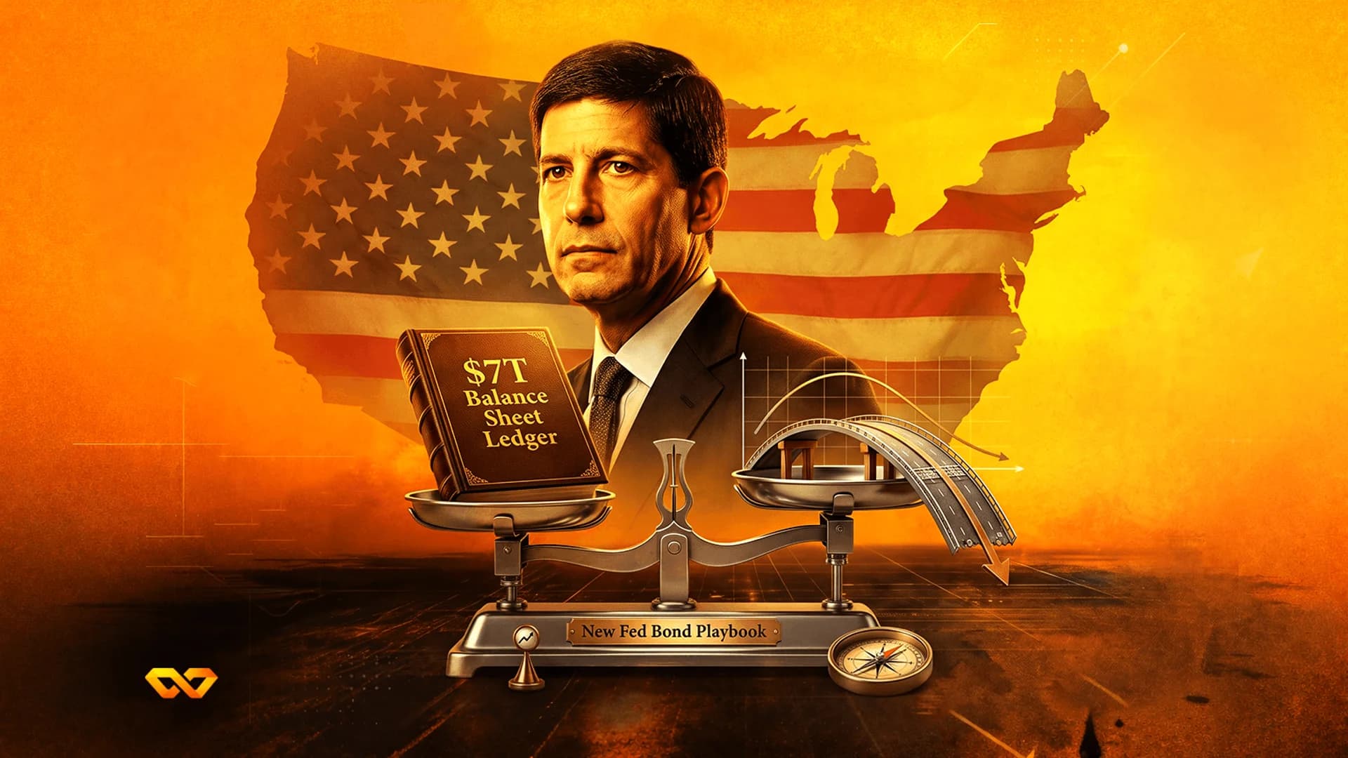 Illustration of a man before a US flag map, with a scale weighing a '$7T' ledger against a broken bridge.