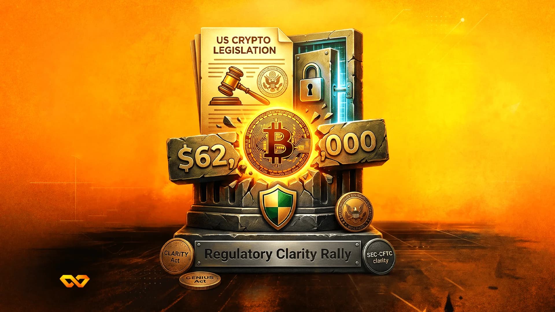 شعار بيتكوين متوهج على قاعدة حجرية مع وثائق تشريعات العملات المشفرة الأمريكية ومطرقة ولافتة بقيمة 62,000 دولار.