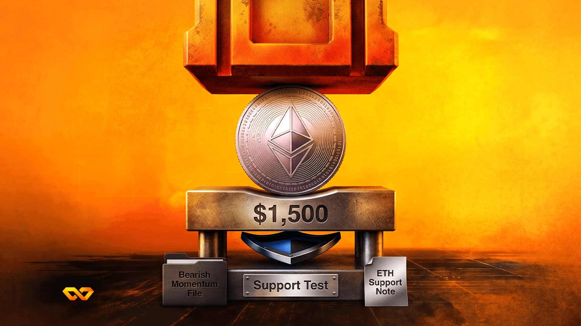 Ethereum coin under a heavy industrial press on a platform labeled $1,500 with a support test plaque.
