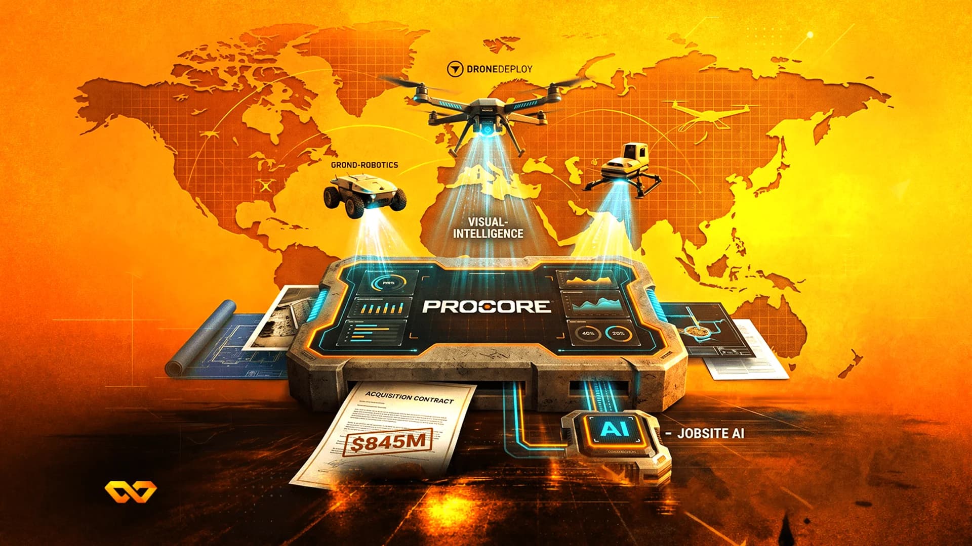 Illustration of a Procore console, a drone, a rover, and an acquisition contract for $845M over a world map.