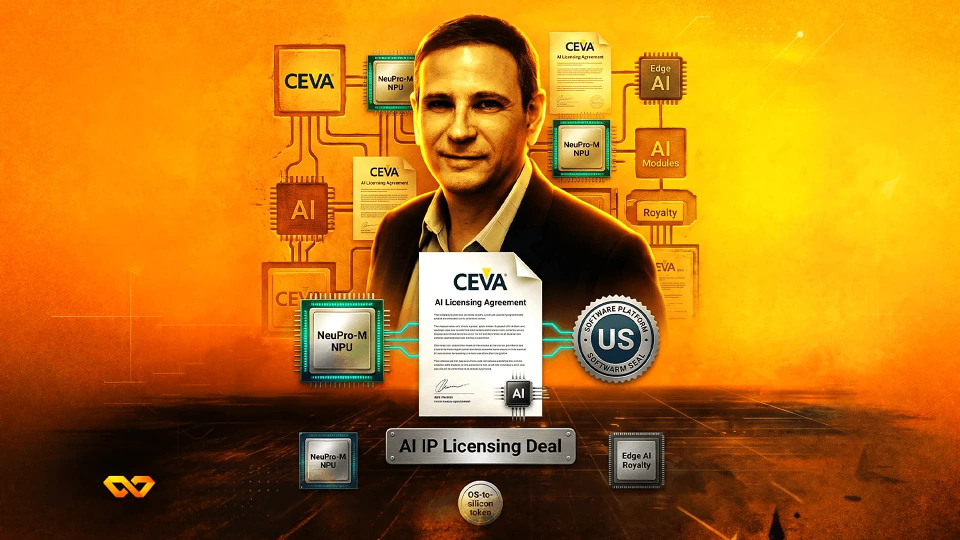 Portrait of a man surrounded by CEVA logos, AI chip diagrams, and licensing agreement documents on an orange background.