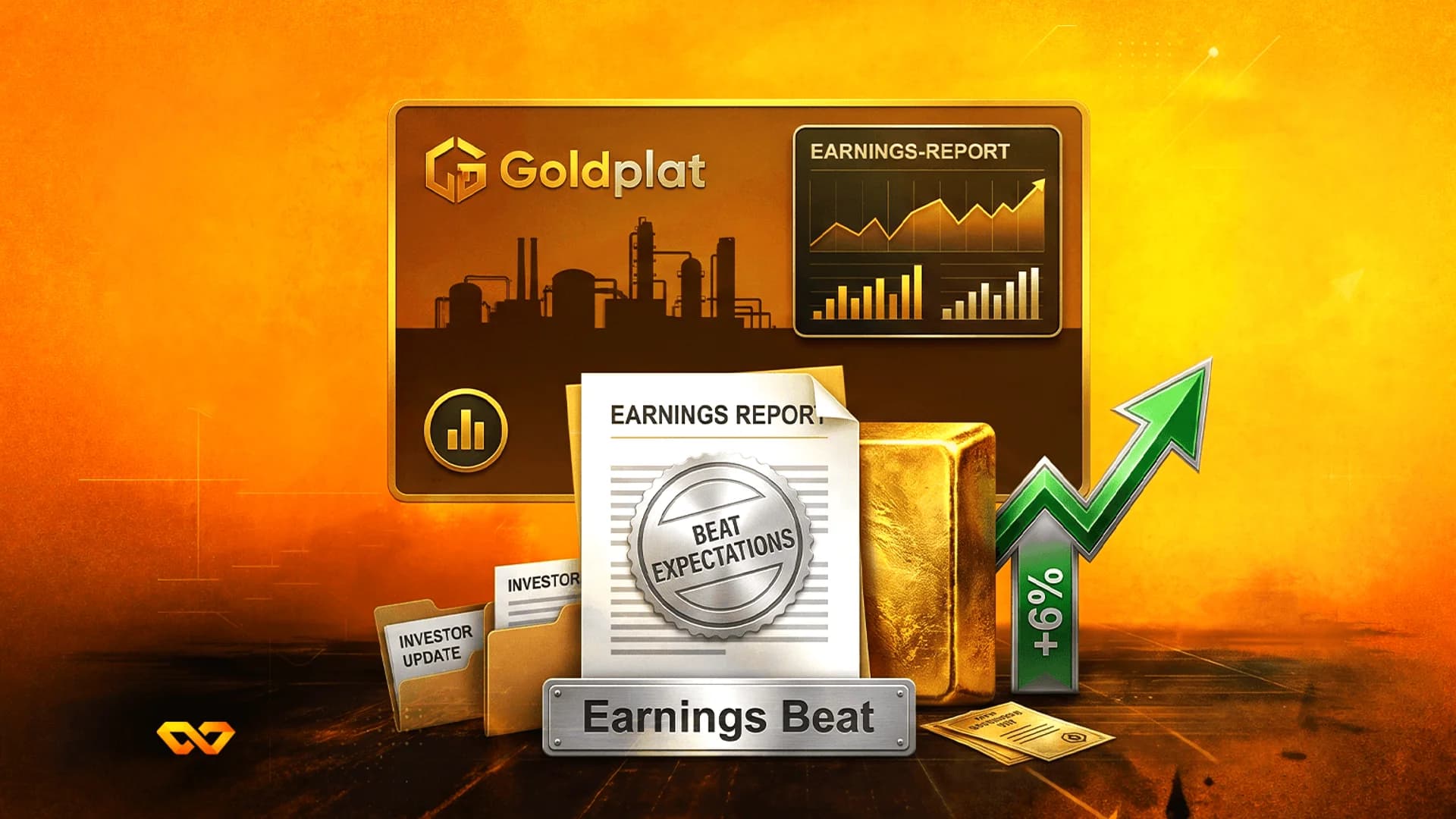 Goldplat earnings graphic with a gold bar, green upward arrow, and documents on an orange background.
