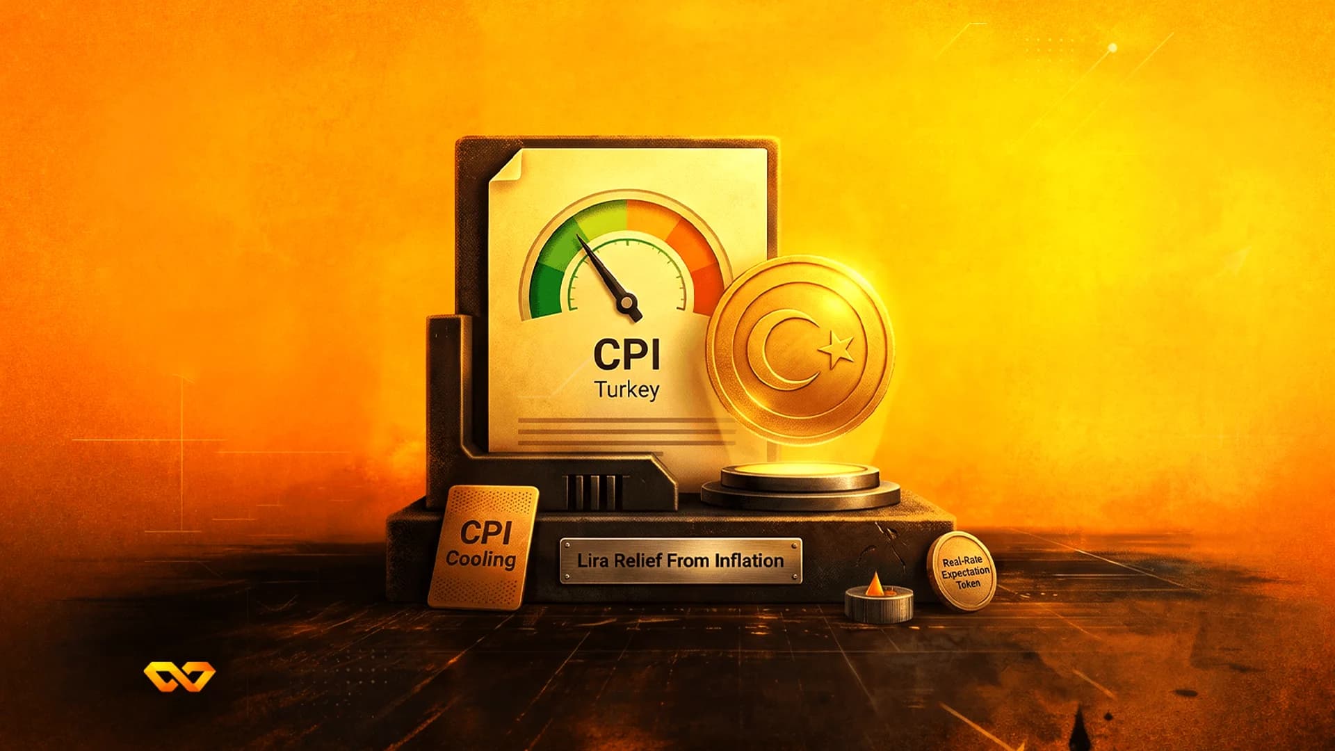 A gauge labeled CPI Turkey next to a gold coin with a crescent and star on a dark pedestal against an orange background.