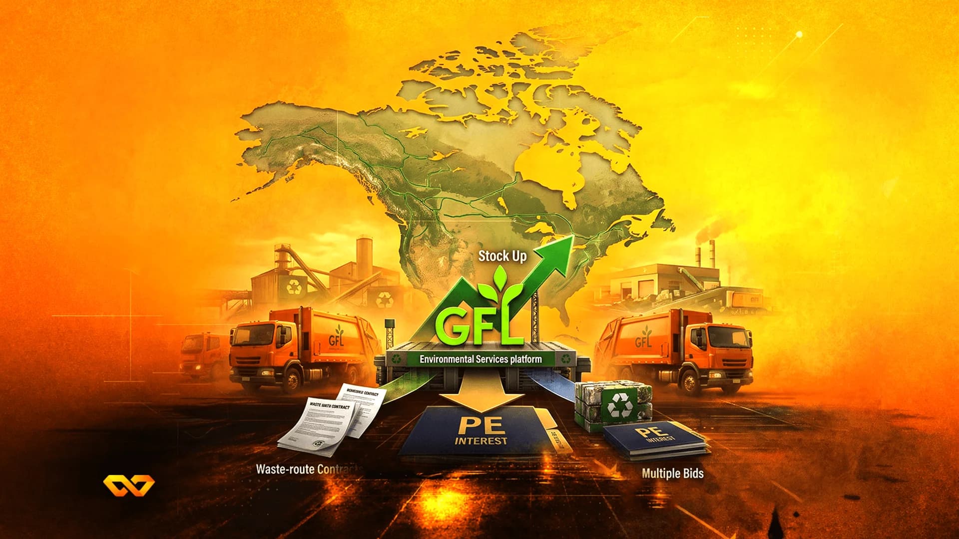 رسم توضيحي لشاحنات وشعار شركة GFL فوق خريطة أمريكا الشمالية مع ملفات اهتمام الأسهم الخاصة.