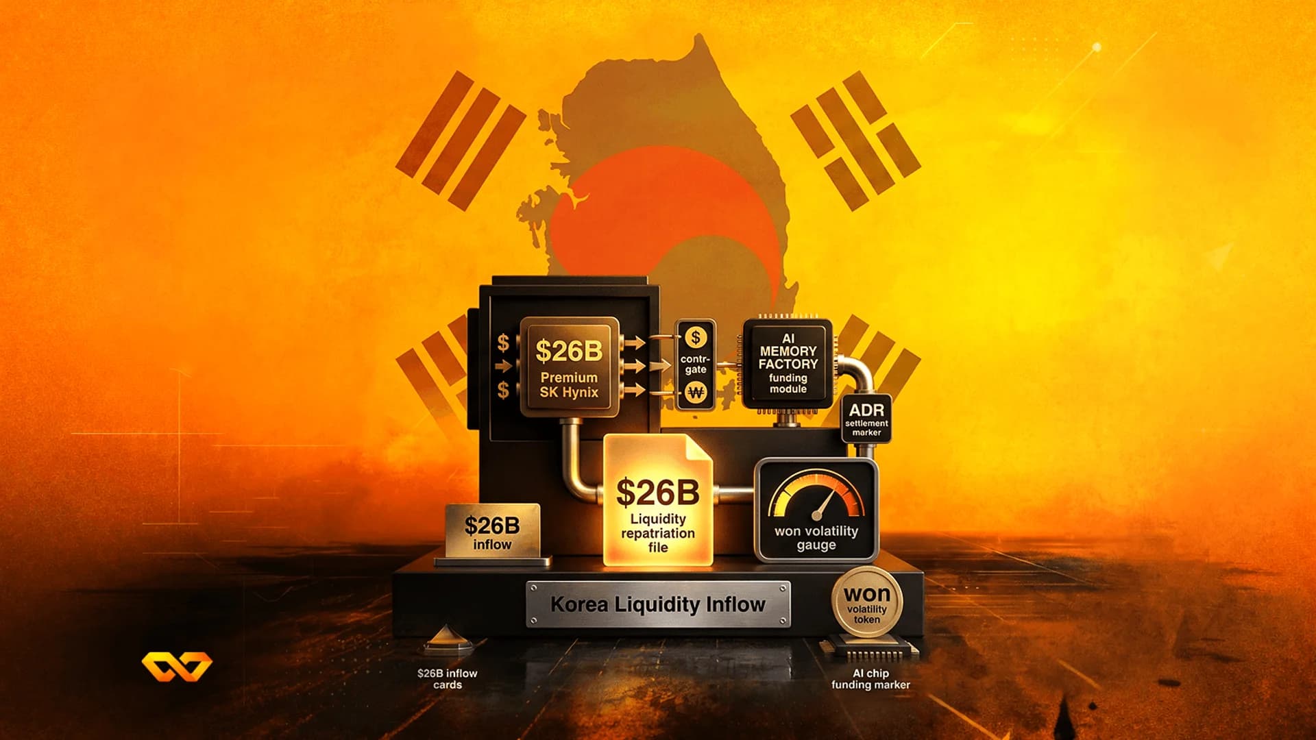 رسم توضيحي ثلاثي الأبعاد لآلة مالية مع ملصقات 'SK Hynix' والسيولة فوق علم وخريطة كوريا الجنوبية.