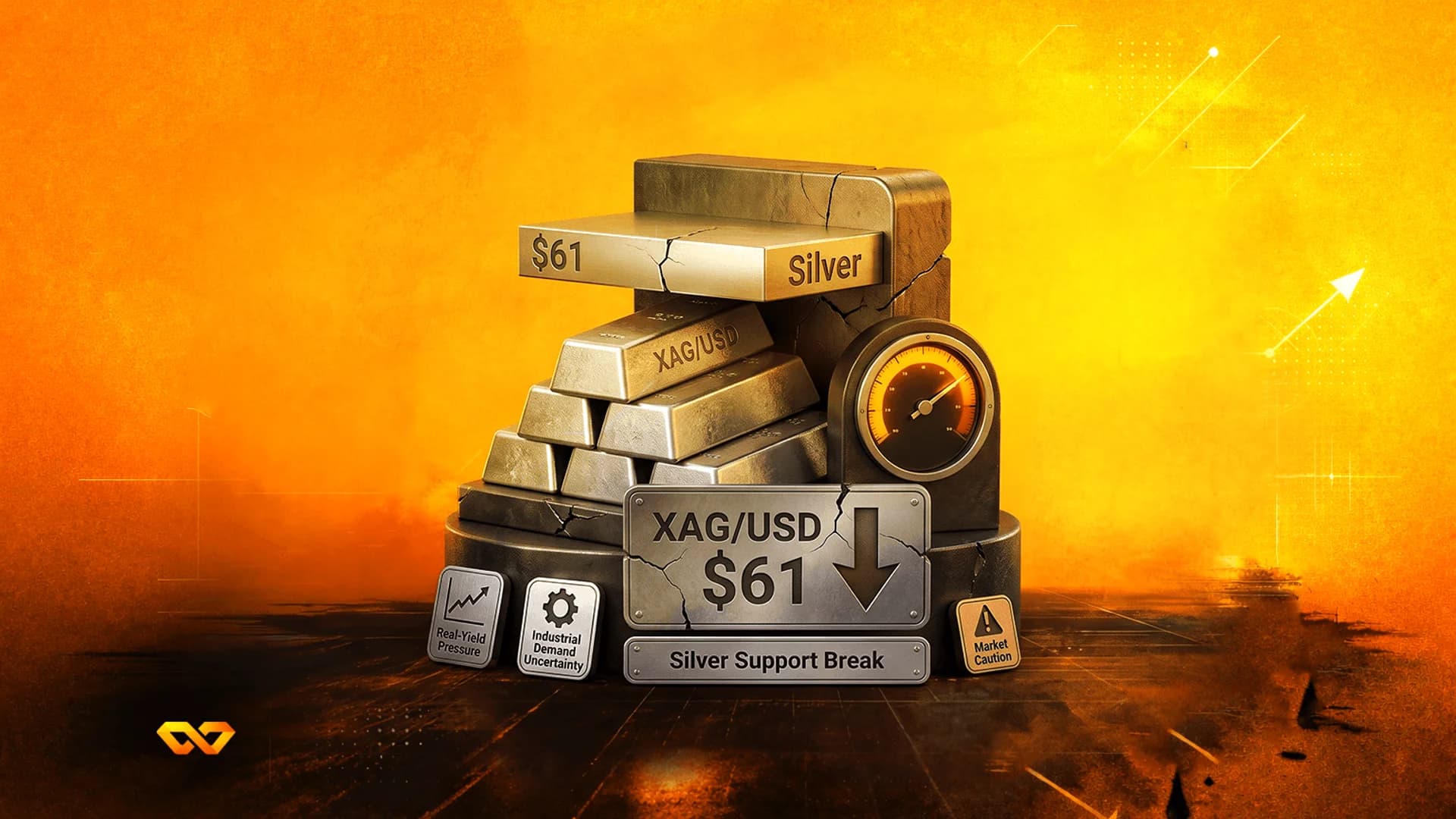 Cracked silver bars stacked with a sign reading 'Silver Support Break' and 'XAG/USD $61' on an orange background.