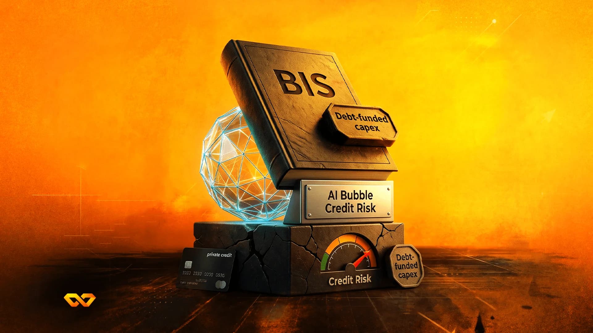 A book labeled BIS on a cracked base with a credit risk gauge and an AI bubble plaque against an orange background.