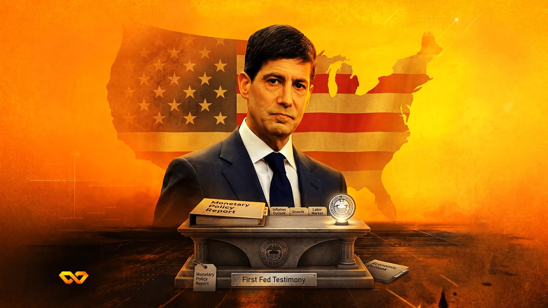 Illustration of a man in a suit before a US flag map, with a podium labeled 'First Fed Testimony'.