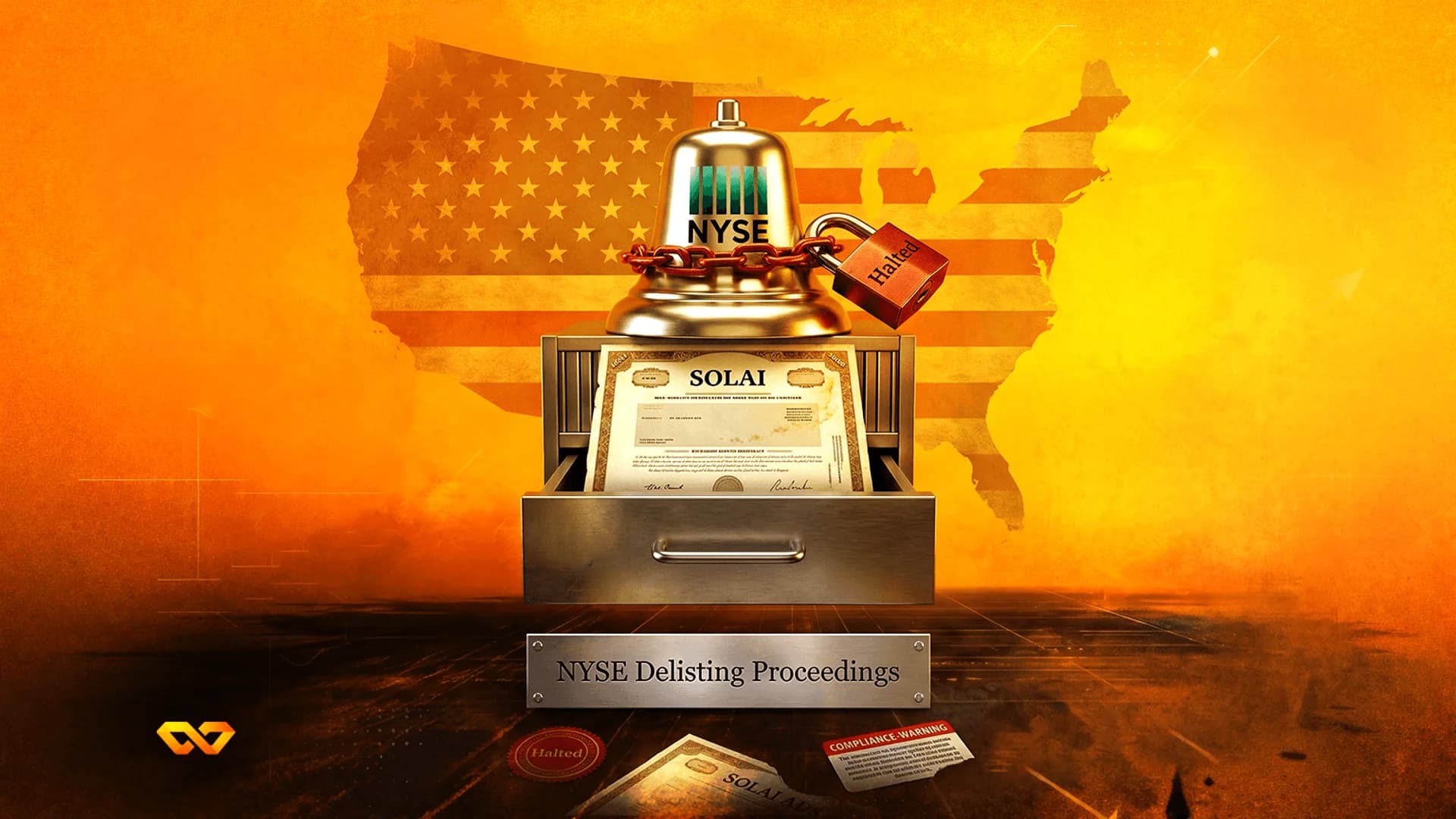 A golden NYSE bell with a padlock labeled 'Halted' sits atop a drawer containing a SOLAI stock certificate.