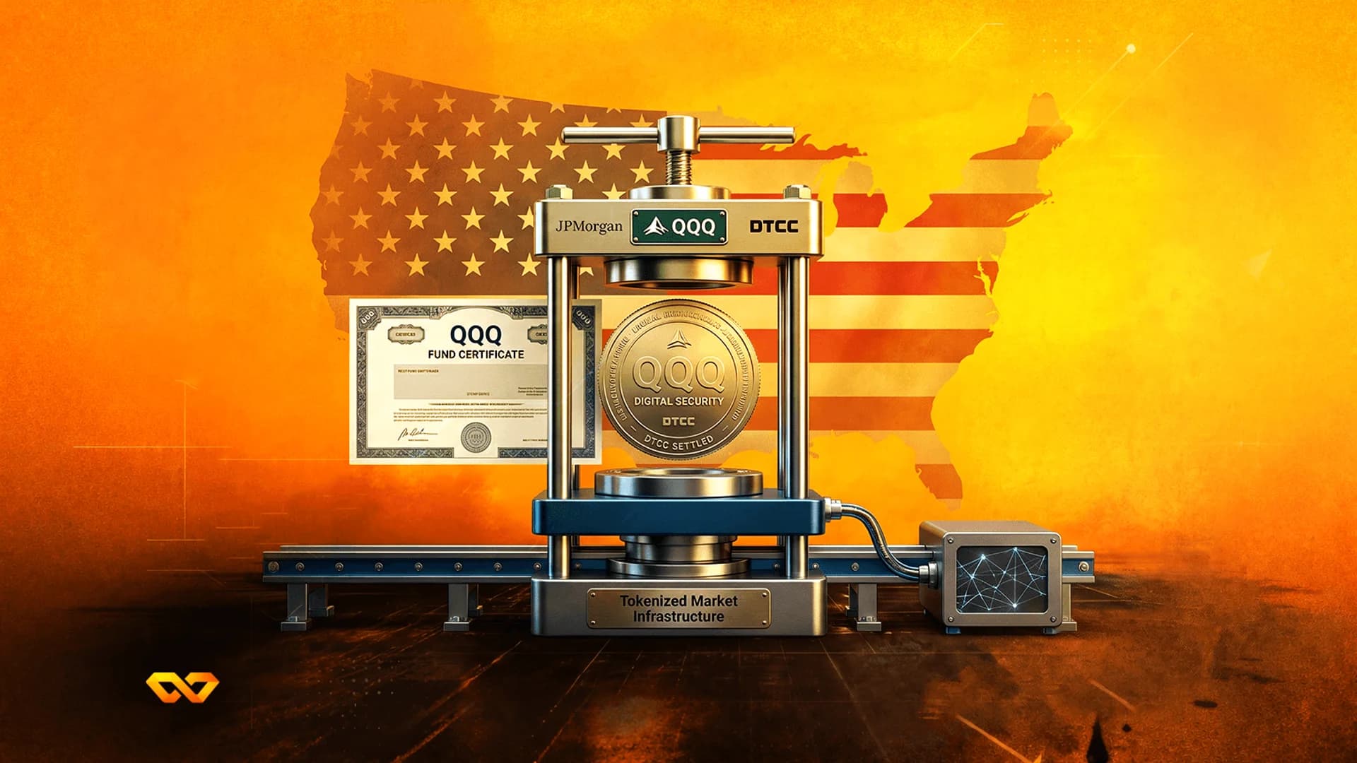 A mechanical press machine turning a paper QQQ fund certificate into a digital security coin against a US map background.