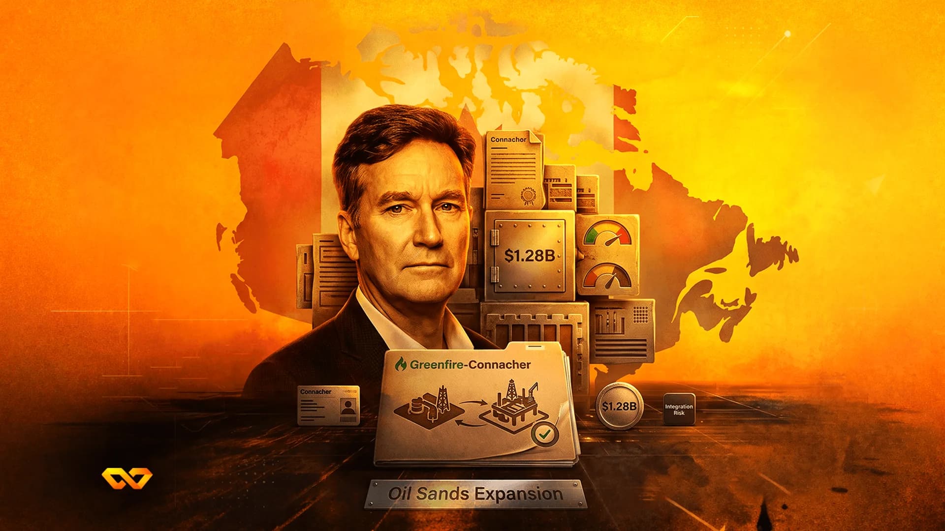 Portrait of a man over a map of Canada with oil industry icons and a folder labeled Greenfire-Connacher.